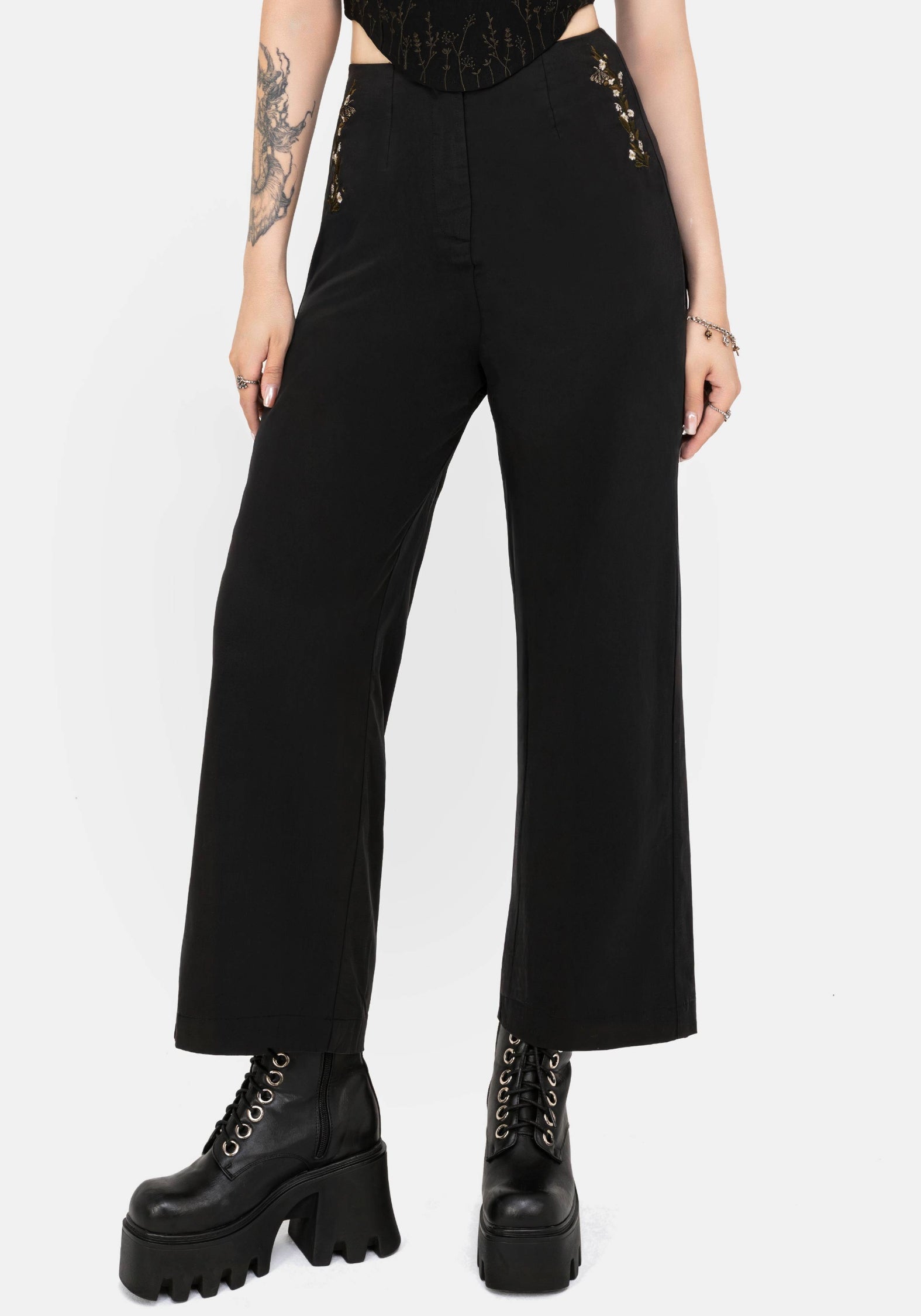 Embroidered Cropped Trousers with Floral & Skull Design | Harmony