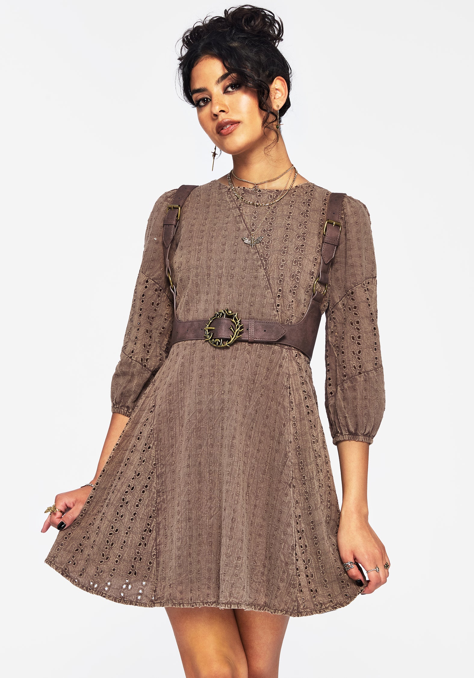 Brown Cotton Broderie Mini Dress with Cut Outs | Summerisle