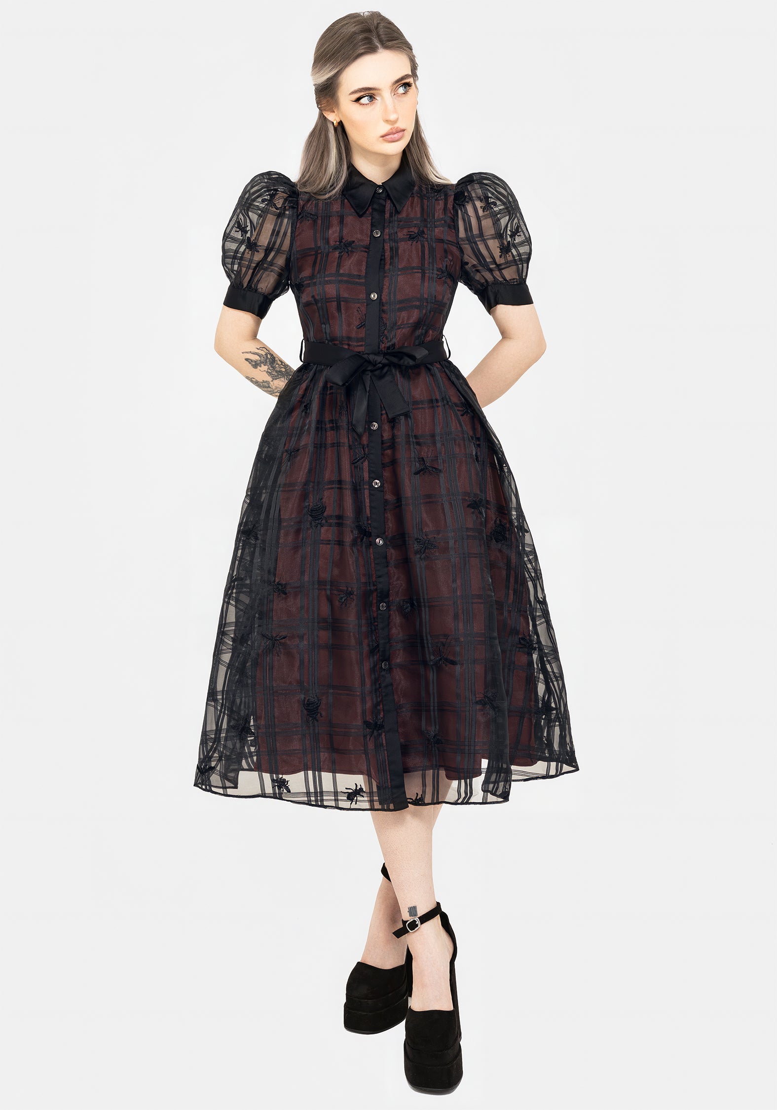 Black Check Embroidered Puff Sleeve Shirt Dress | Sedona Organza