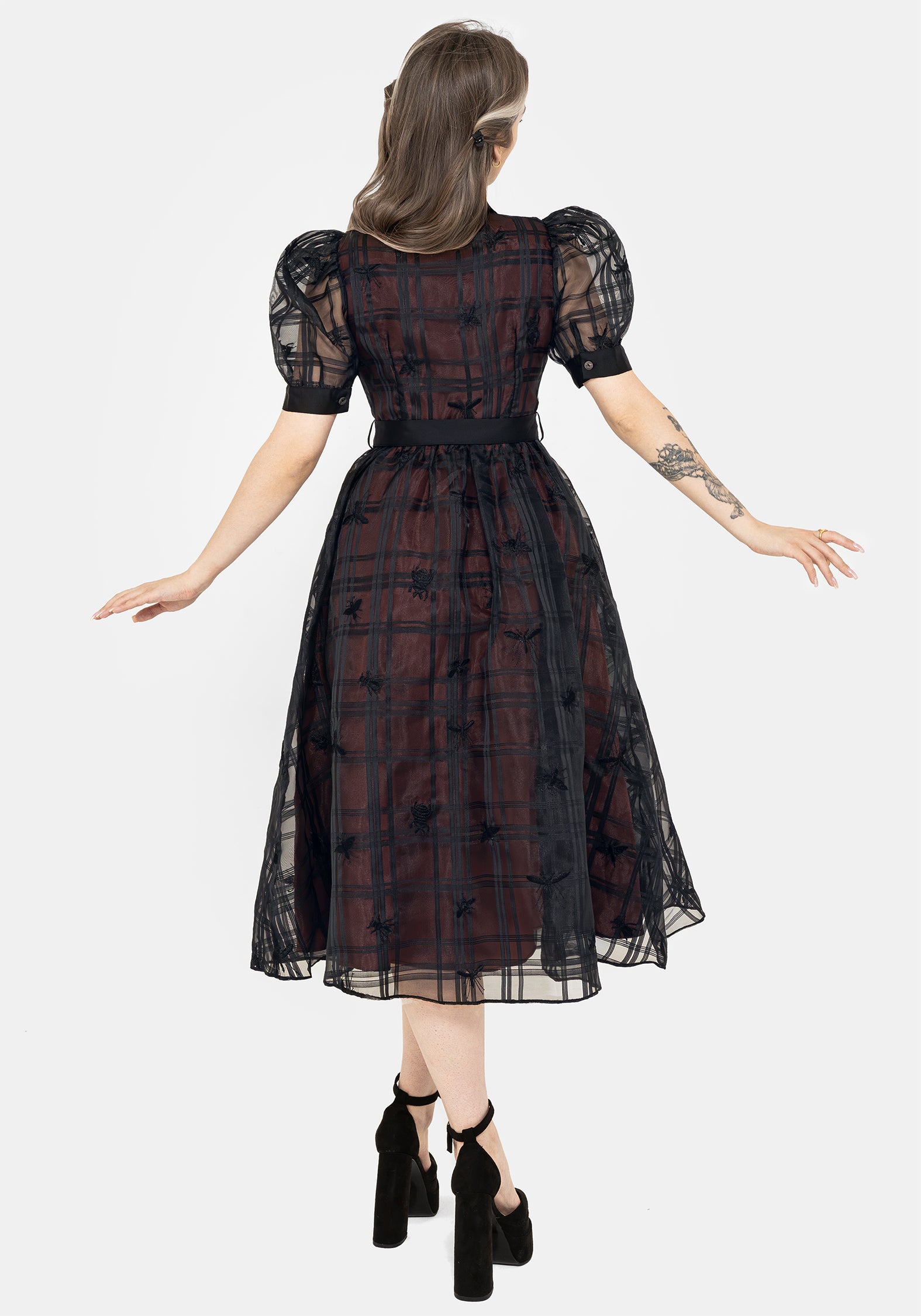 Black Check Embroidered Puff Sleeve Shirt Dress | Sedona Organza