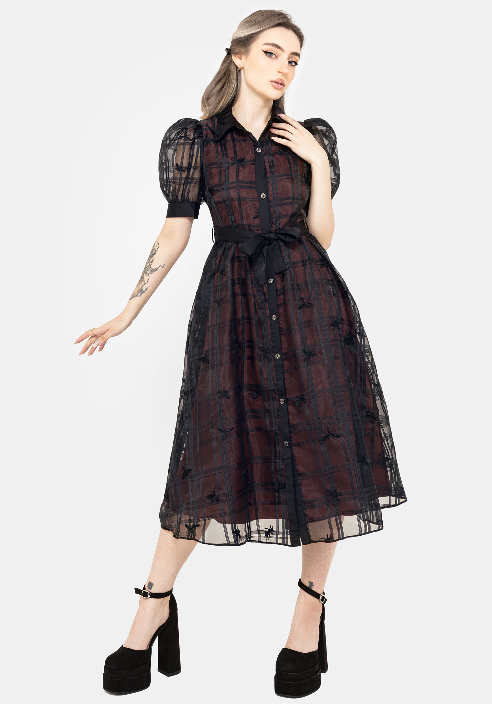 Black Check Embroidered Puff Sleeve Shirt Dress | Sedona Organza