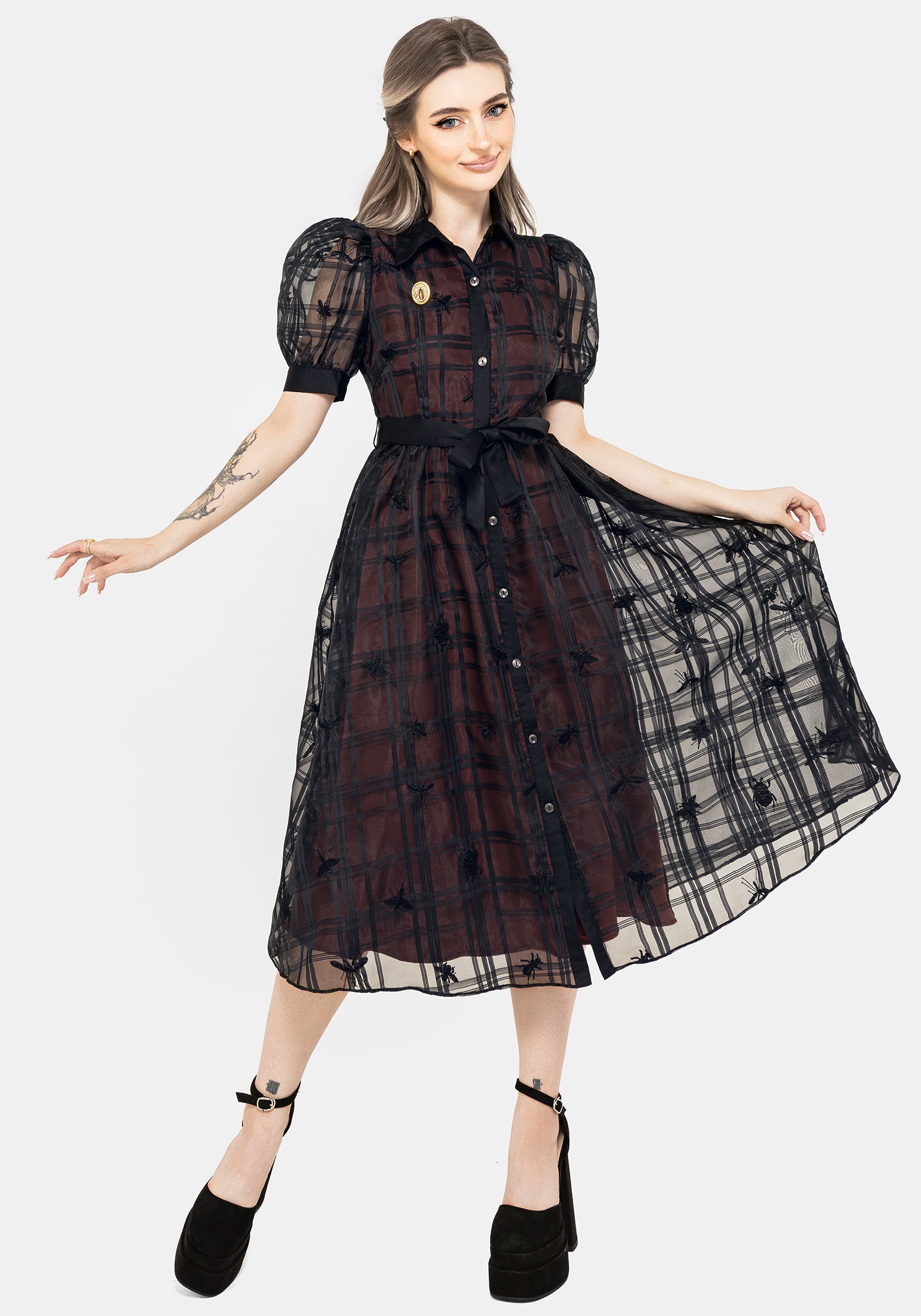 Black Check Embroidered Puff Sleeve Shirt Dress | Sedona Organza