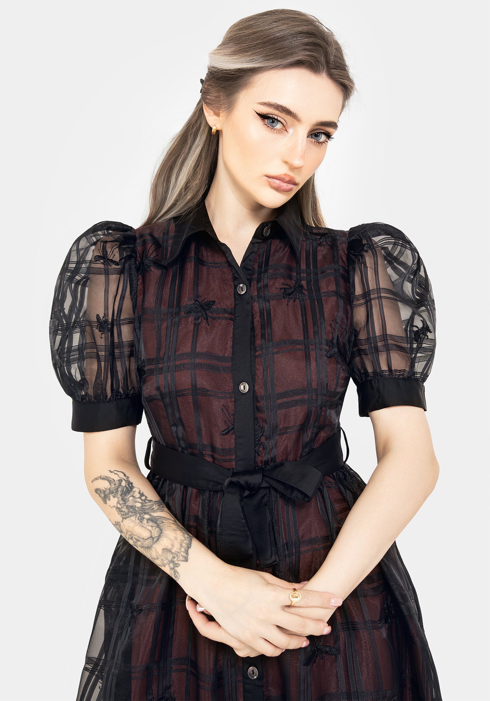 Black Check Embroidered Puff Sleeve Shirt Dress | Sedona Organza