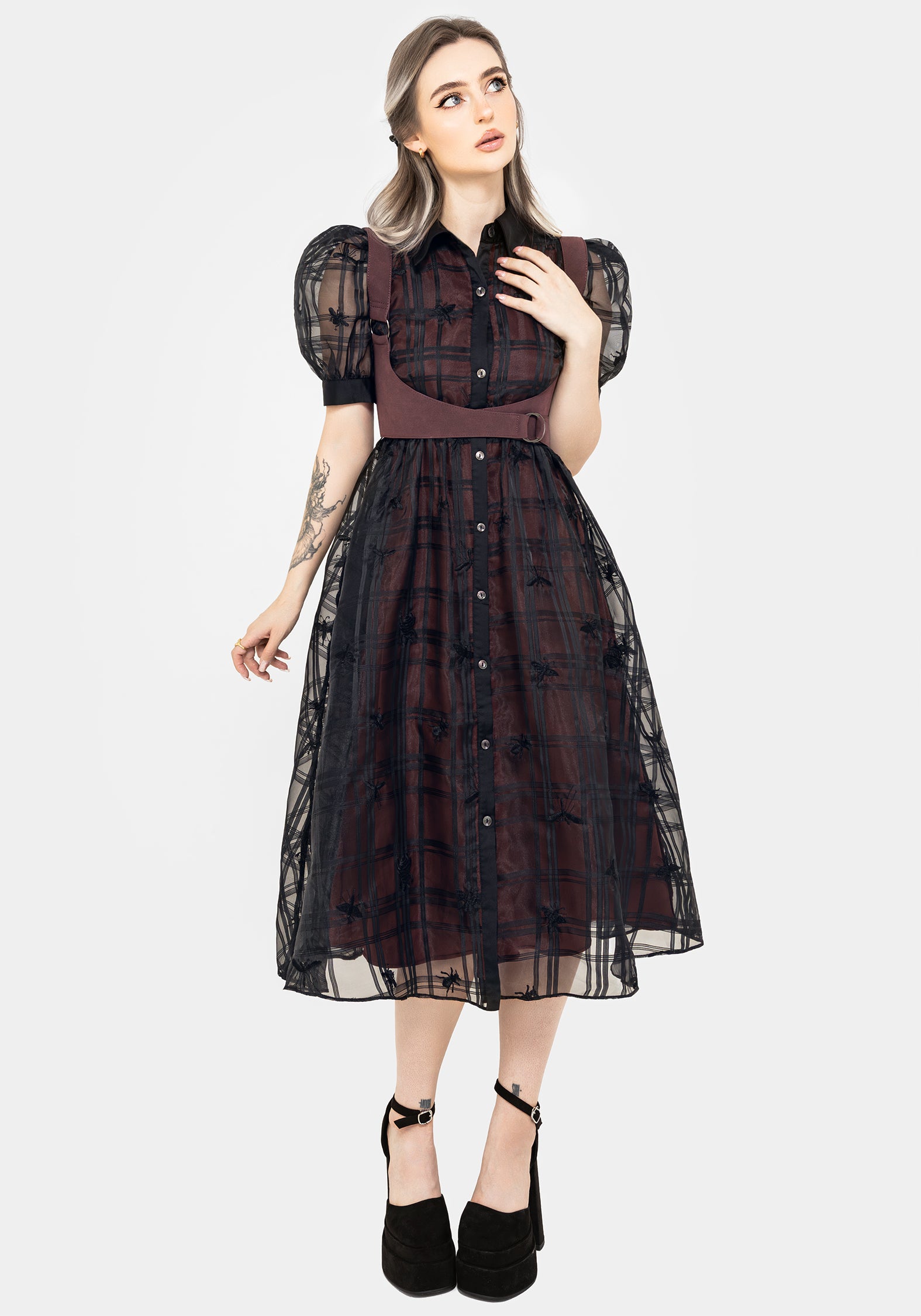 Black Check Embroidered Puff Sleeve Shirt Dress | Sedona Organza