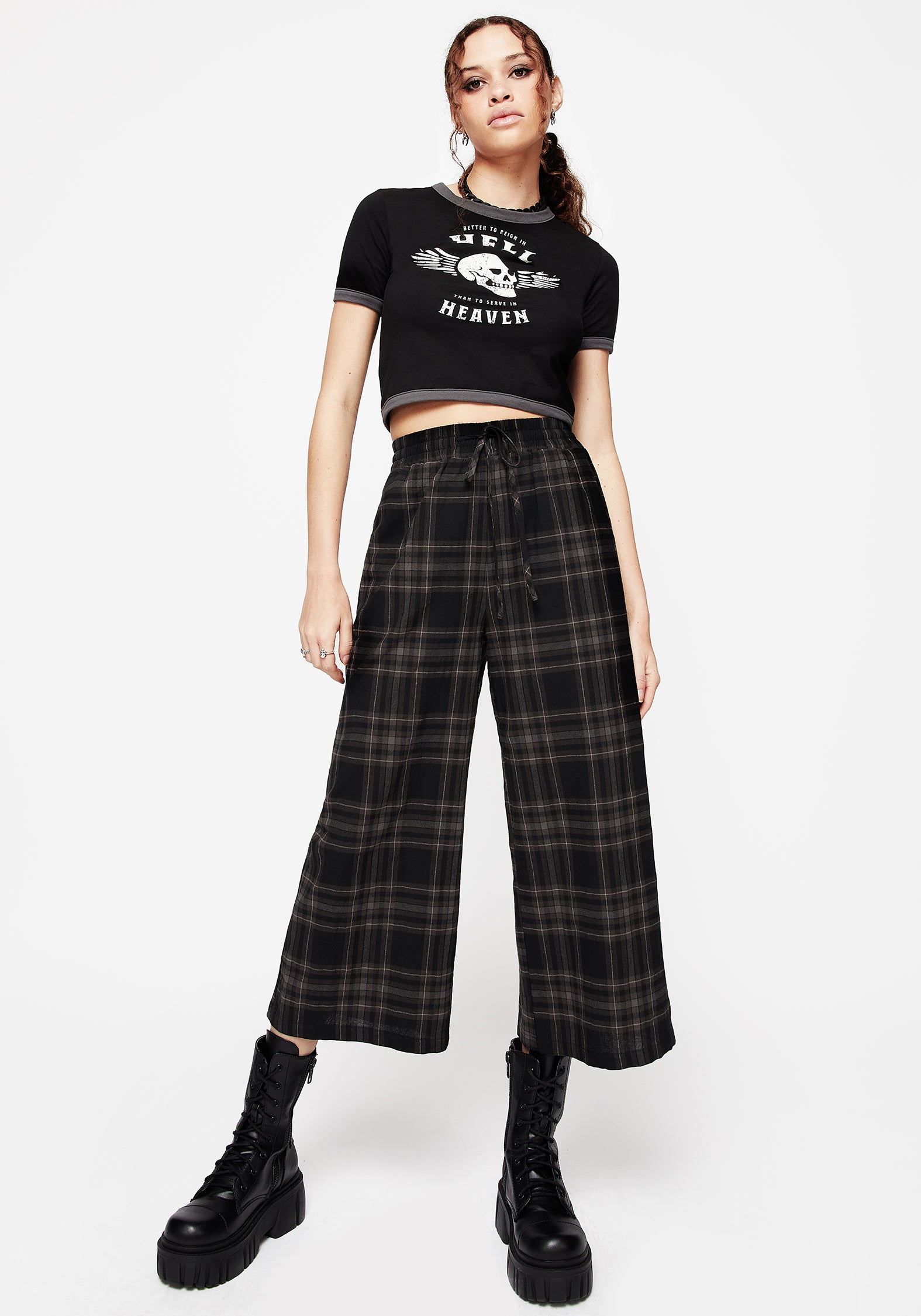 Black & Brown Check Crop Culotte Trousers with Elastic Waist | High-Rise