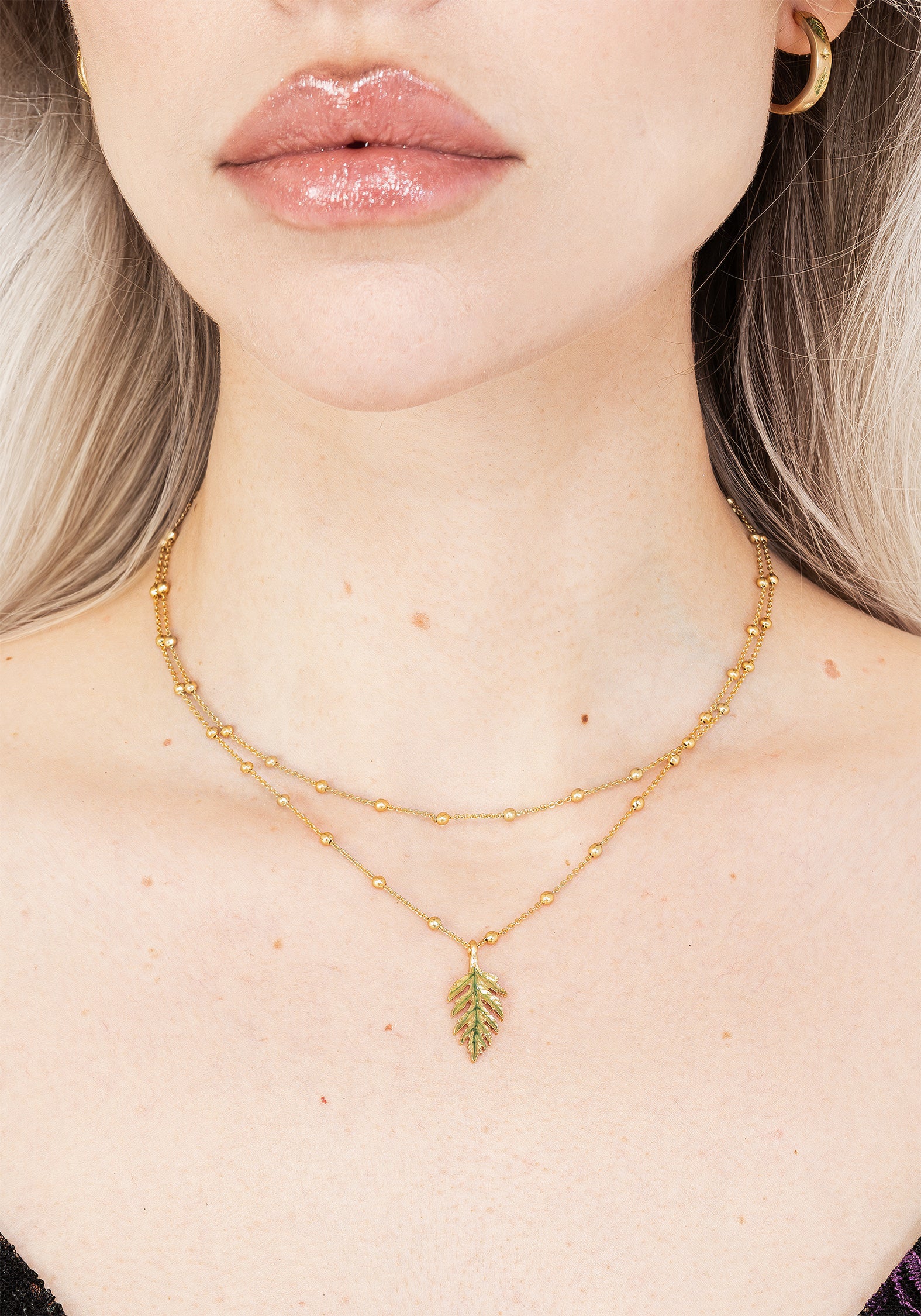 Gold Fern Leaf Necklace with Double Layered Chain | Alderwood