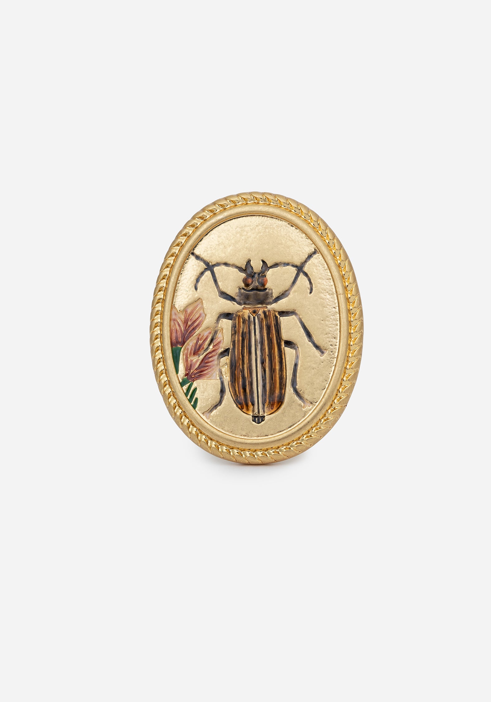 Gold Beetle Brooch with Floral Engraving | Hand Painted Enamel