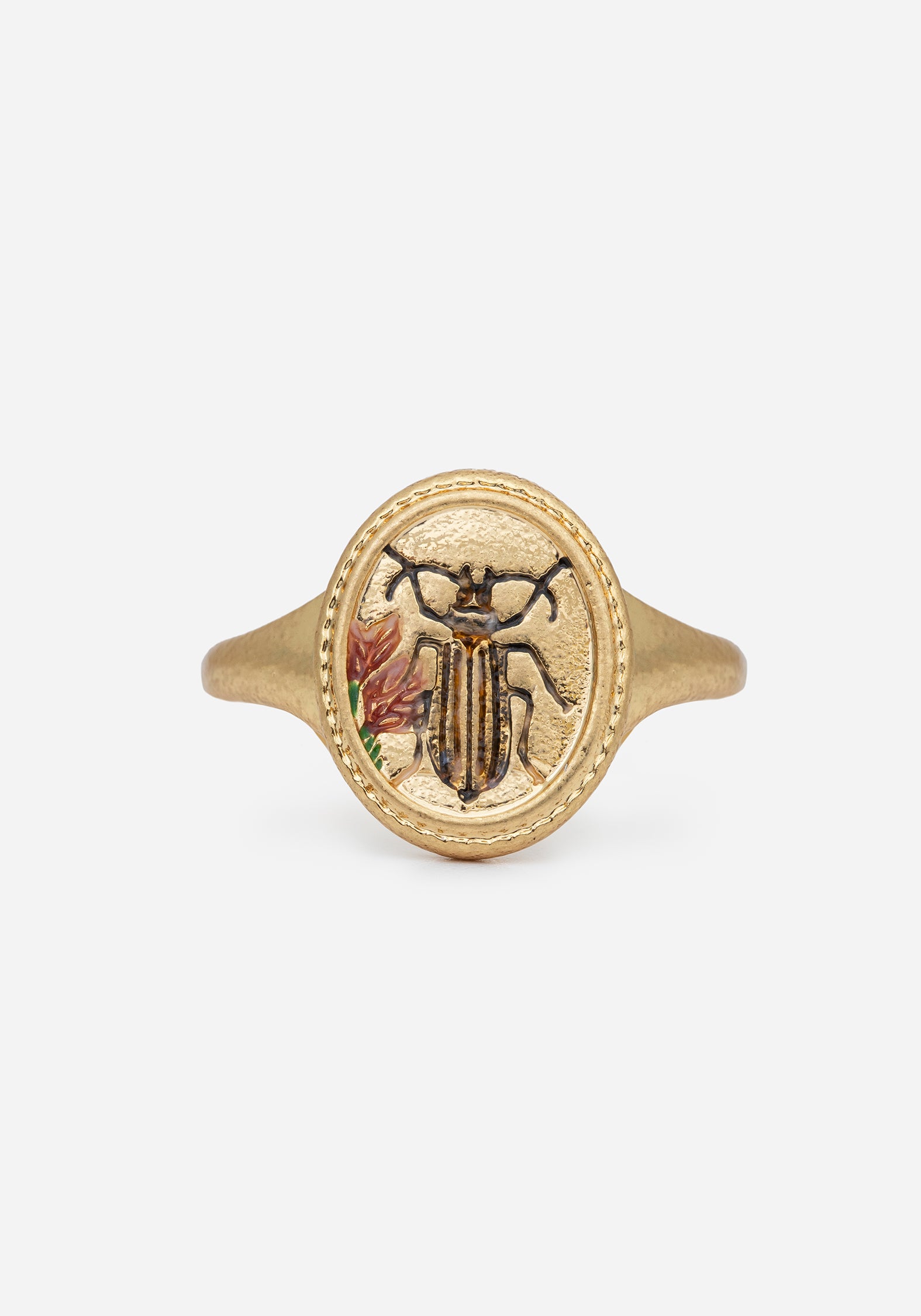 Gold Beetle Charm Ring with Floral Engraving | 22ct Gold Plated & Hand Painted