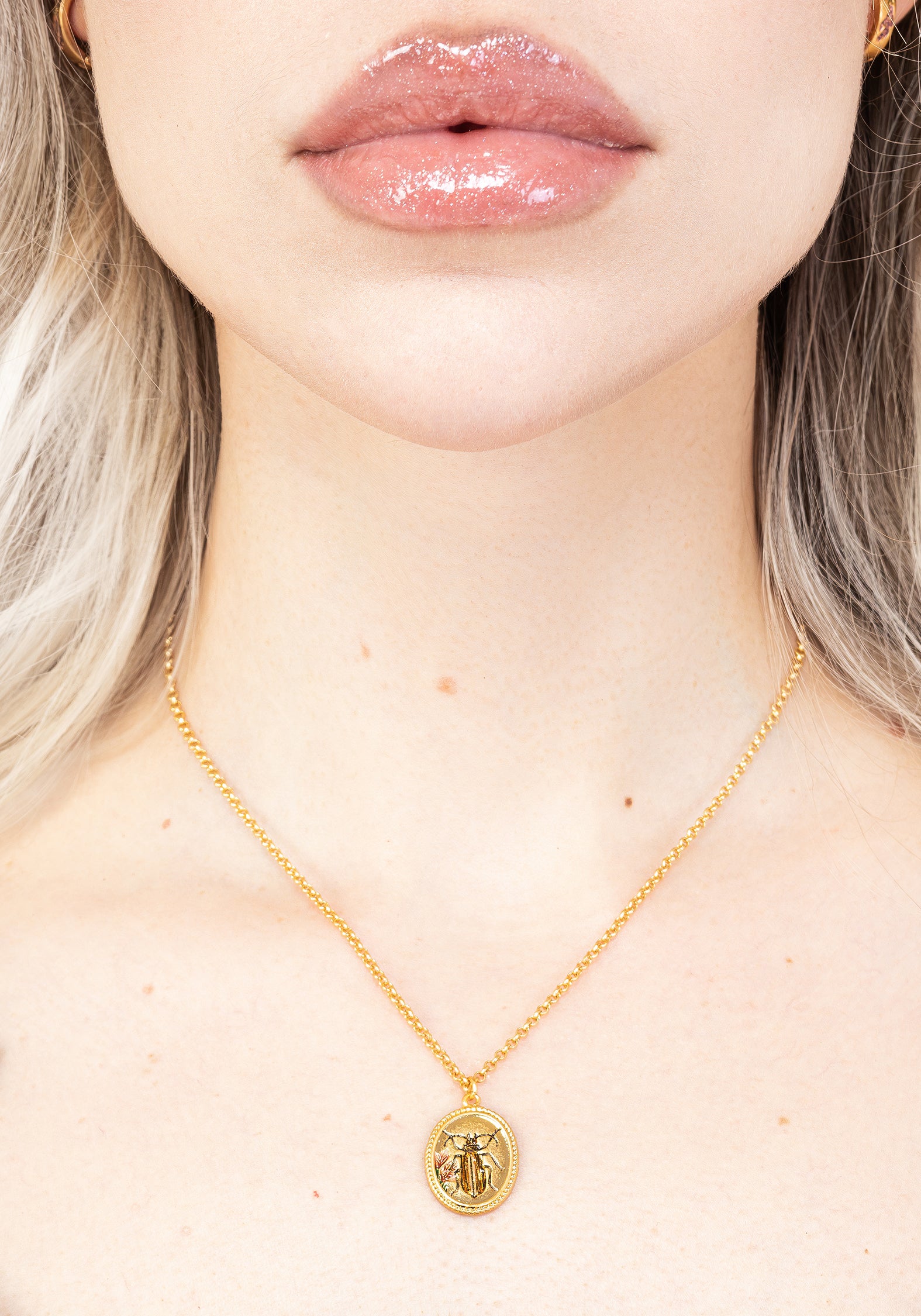 Gold Beetle Charm Necklace with Floral Engraving | 22ct Gold Plated