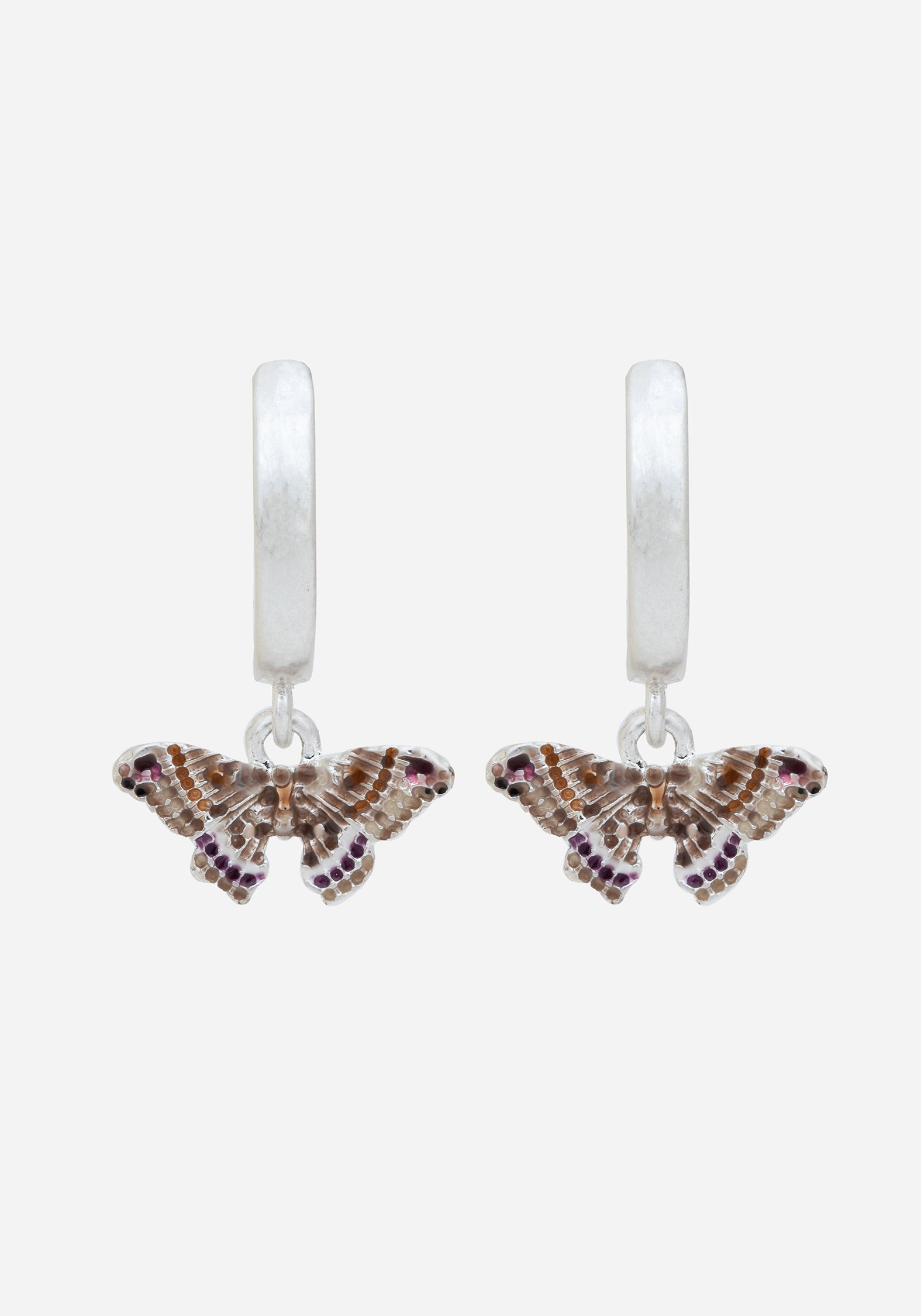 Silver Moth Charm Hoop Earrings | Hand-Carved & Enamel Detail