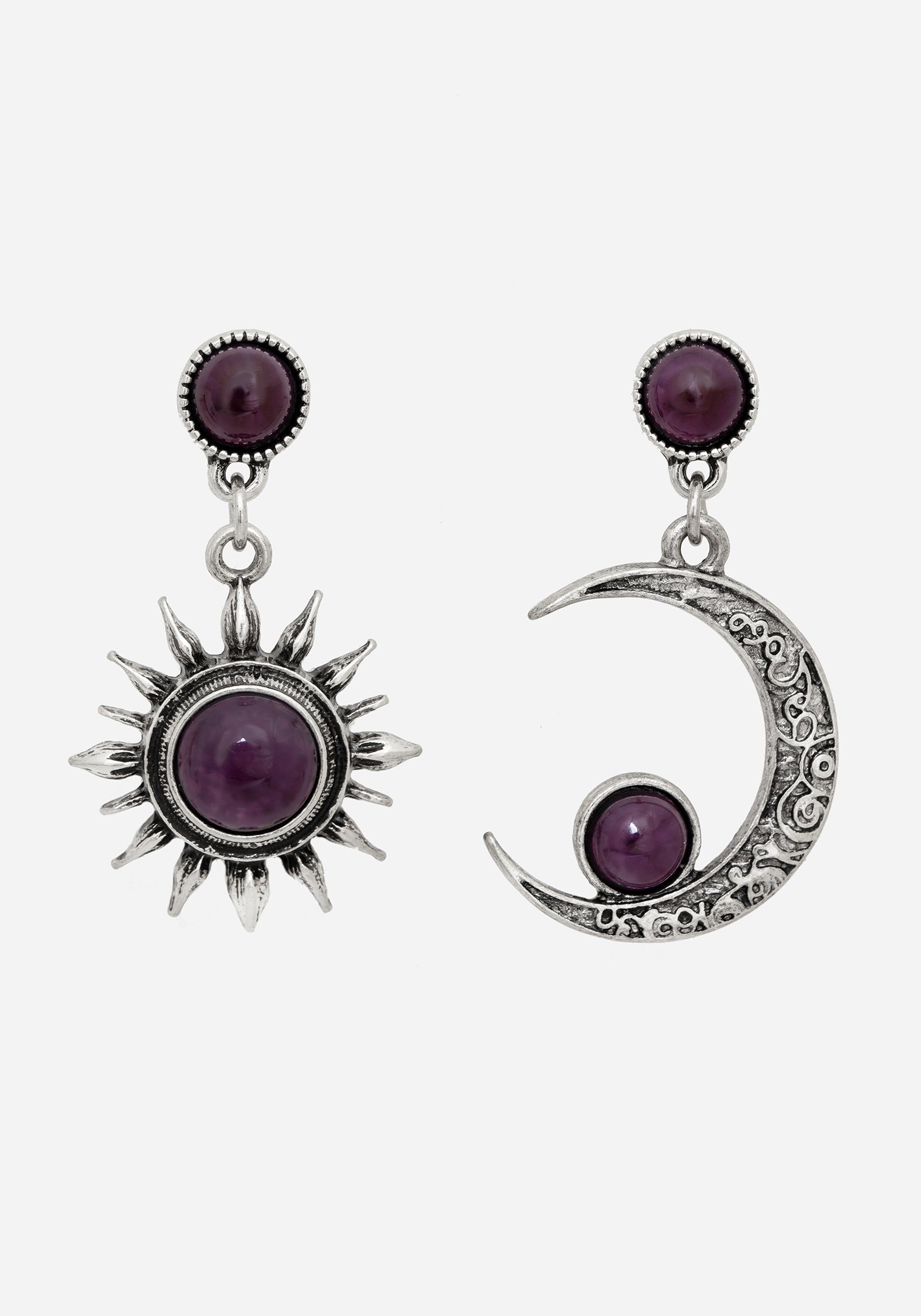 Silver-Plated Sun & Moon Drop Earrings with Purple Gems | Eclipse