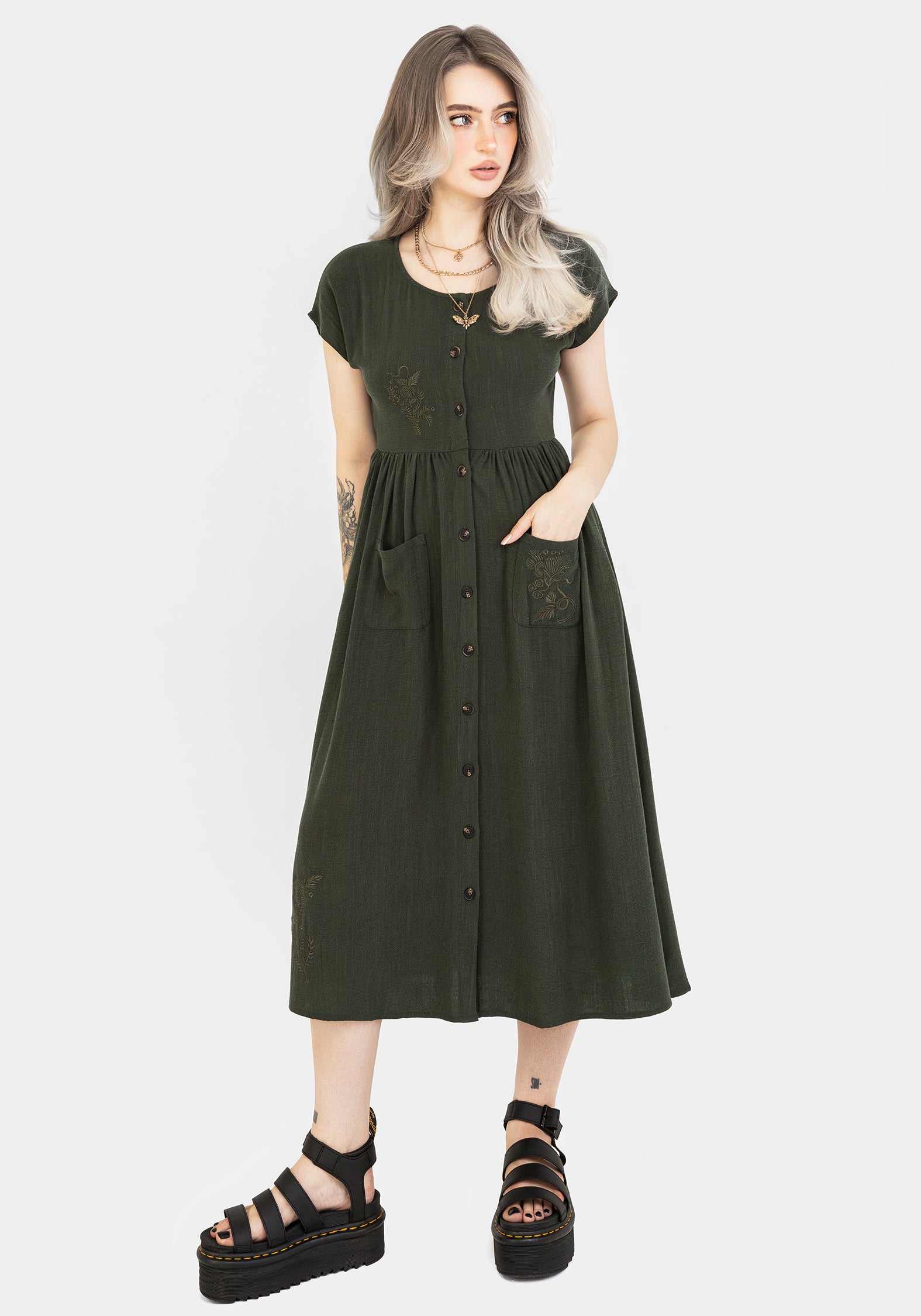 Green Embroidered Linen-Blend Midi Dress with Button Front | Tanya