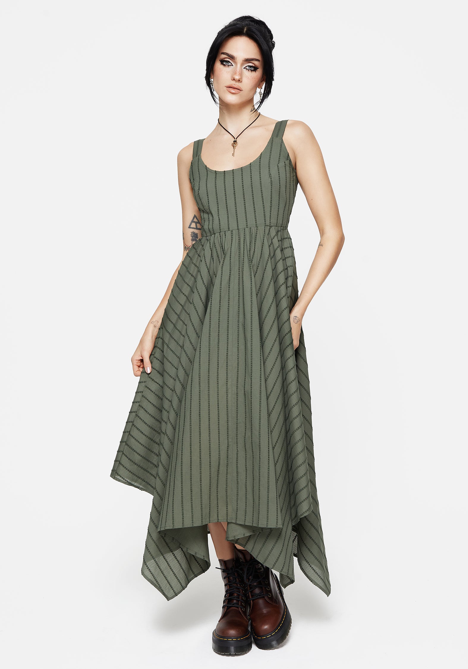 Green Striped Cotton Handkerchief Hem Dress | Blythe