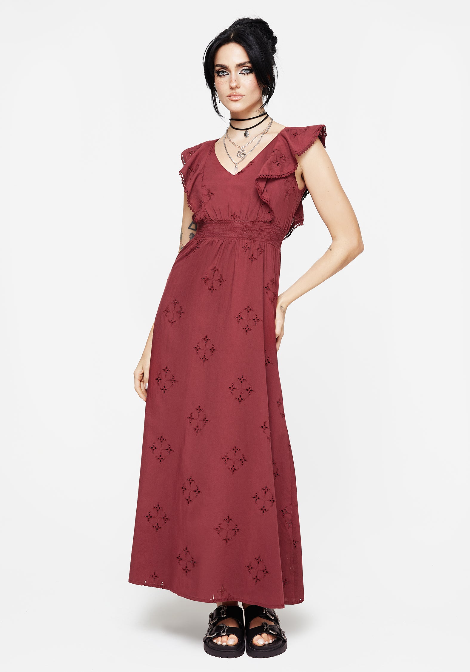 Crux Cotton V-Neck Broderie Maxi Dress with Smocked Waist | Frill Detail