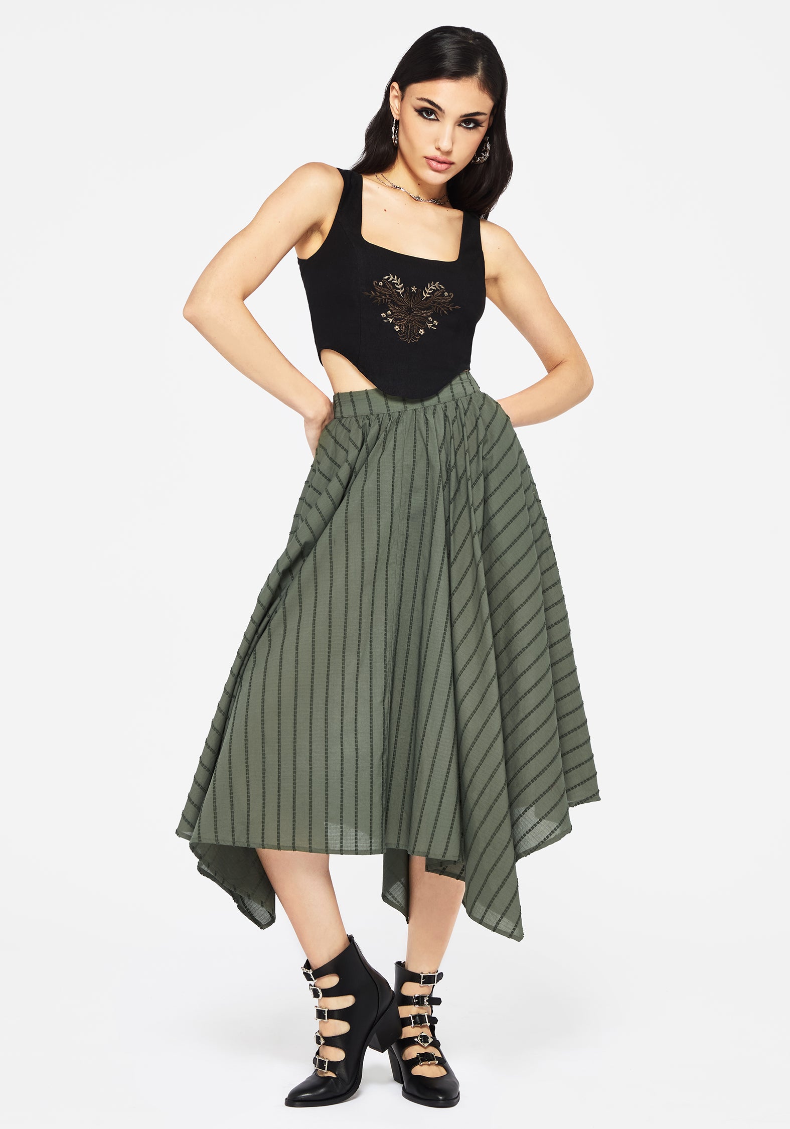 Green Cotton Handkerchief Hem Midaxi Skirt | Elastic Waist & Pockets