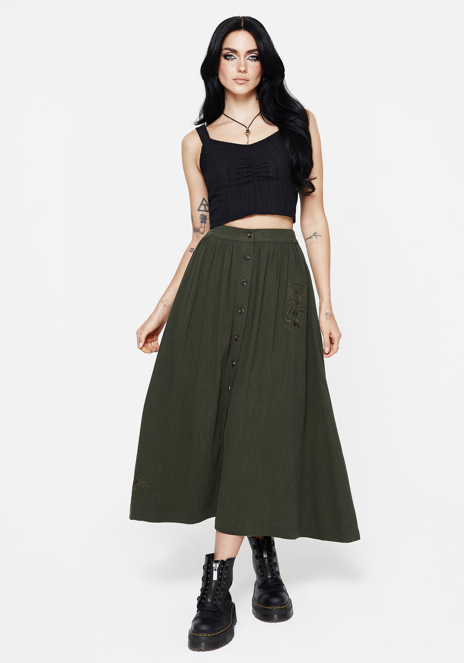 Embroidered Linen-Blend Button Up Skirt | Green Midaxi with Elastic Waist