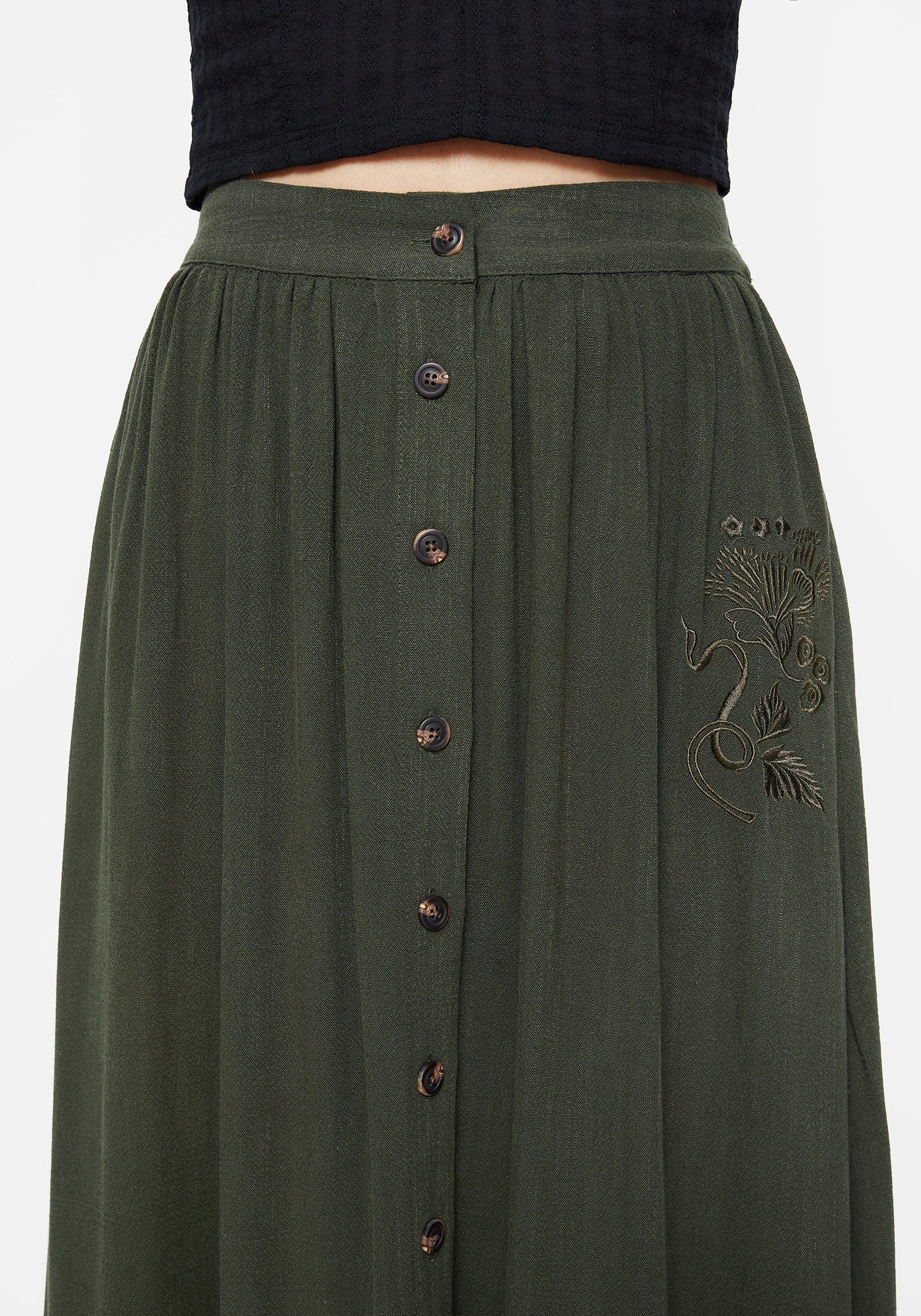 Embroidered Linen-Blend Button Up Skirt | Green Midaxi with Elastic Waist