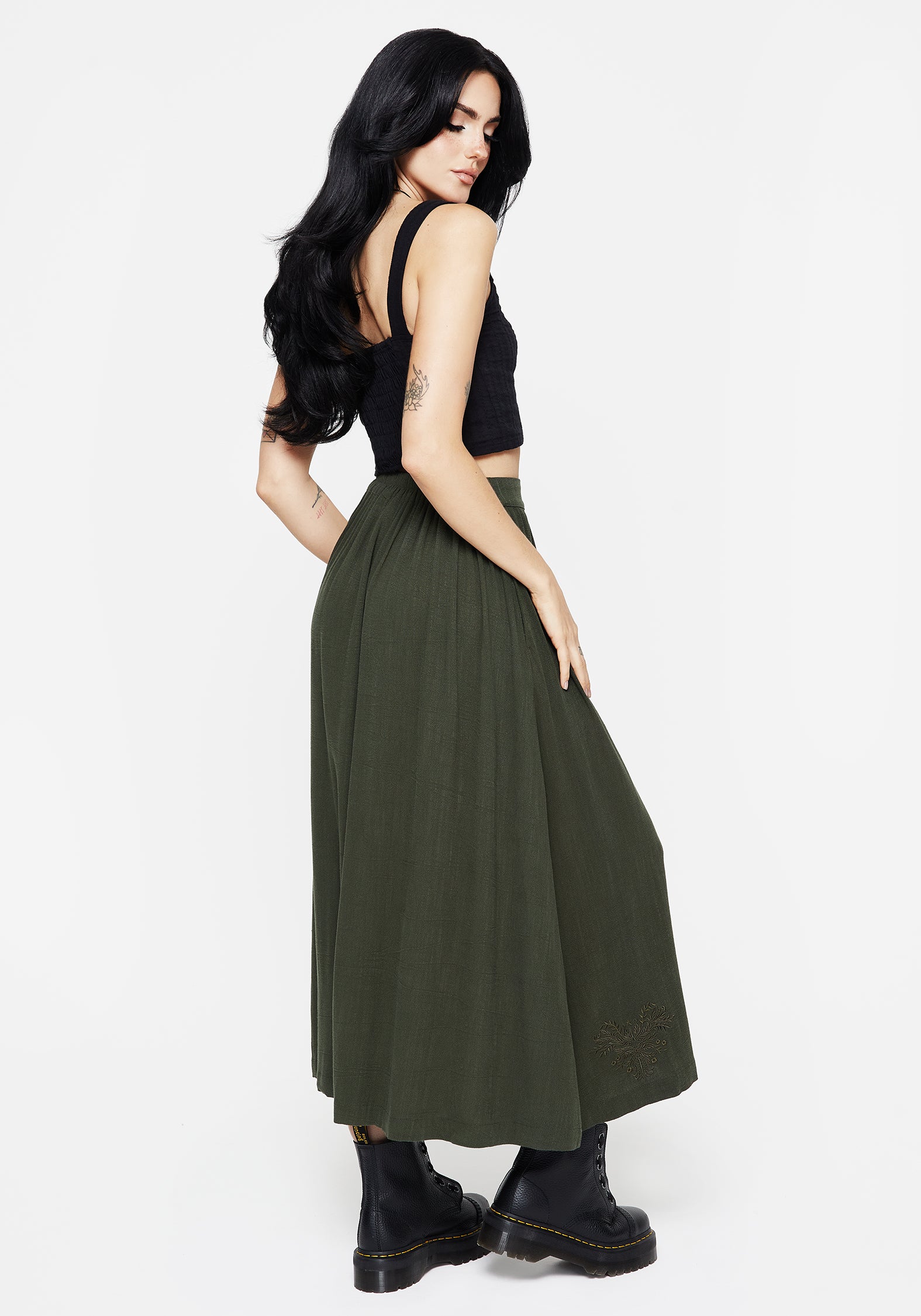 Embroidered Linen-Blend Button Up Skirt | Green Midaxi with Elastic Waist
