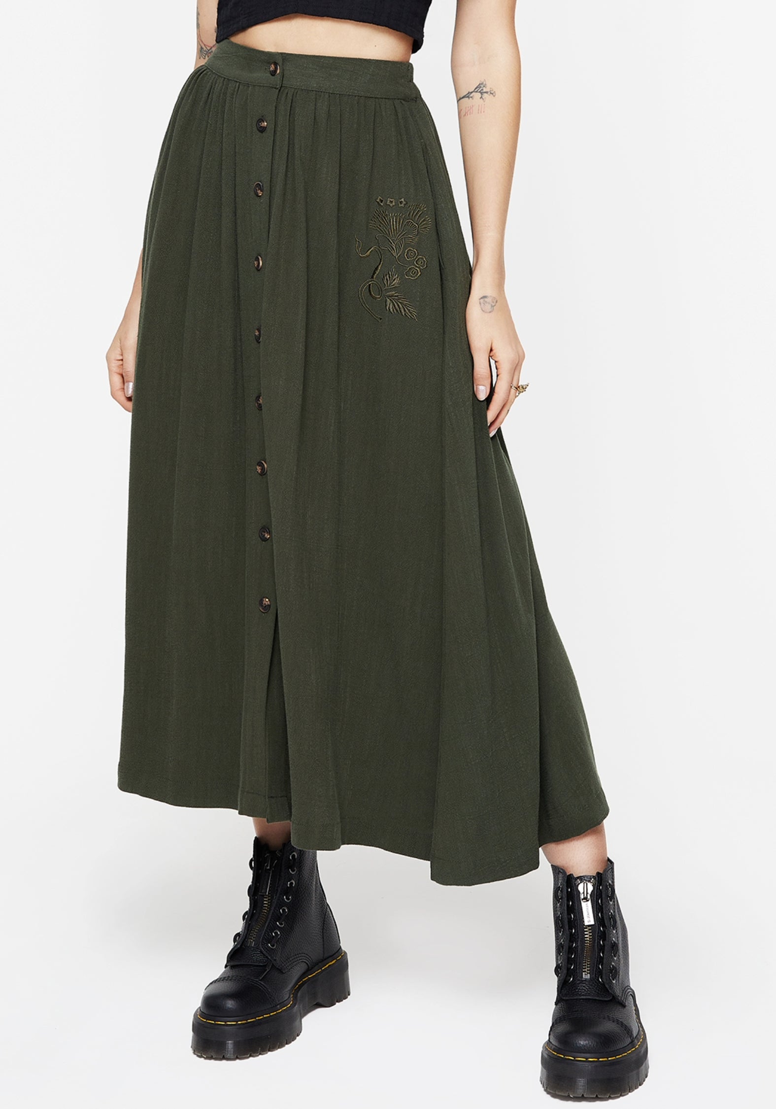 Embroidered Linen-Blend Button Up Skirt | Green Midaxi with Elastic Waist