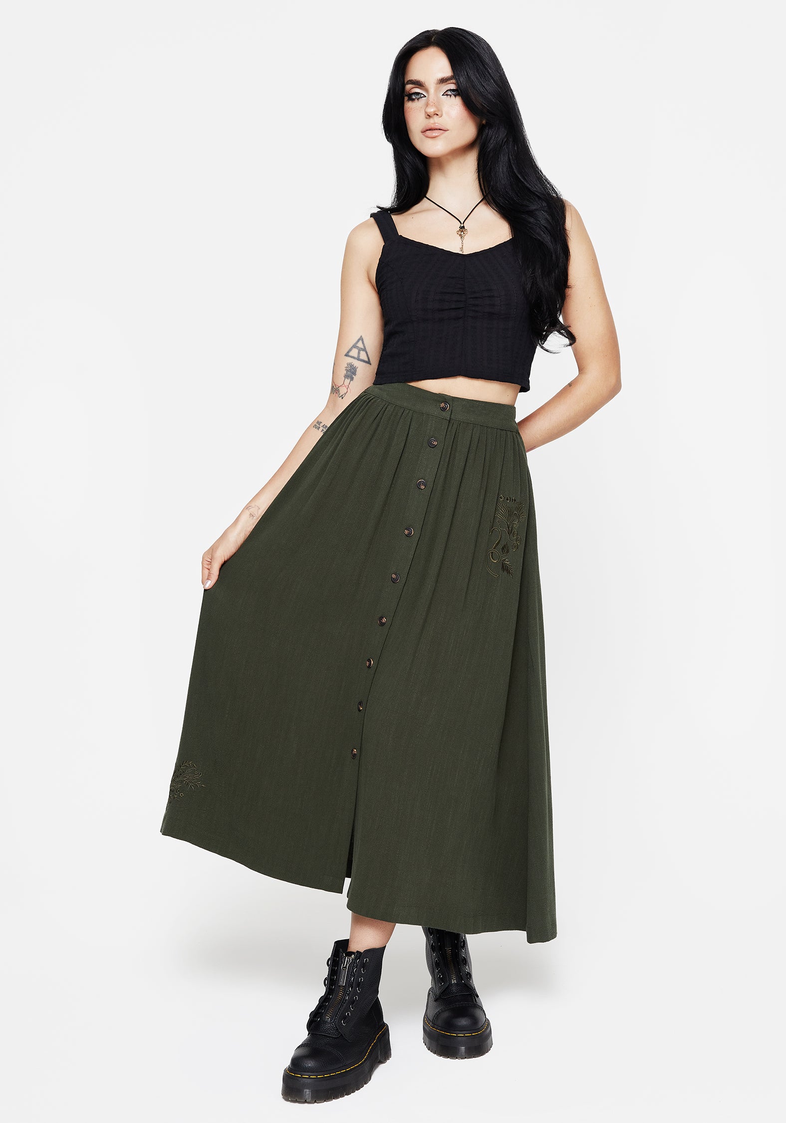 Embroidered Linen-Blend Button Up Skirt | Green Midaxi with Elastic Waist