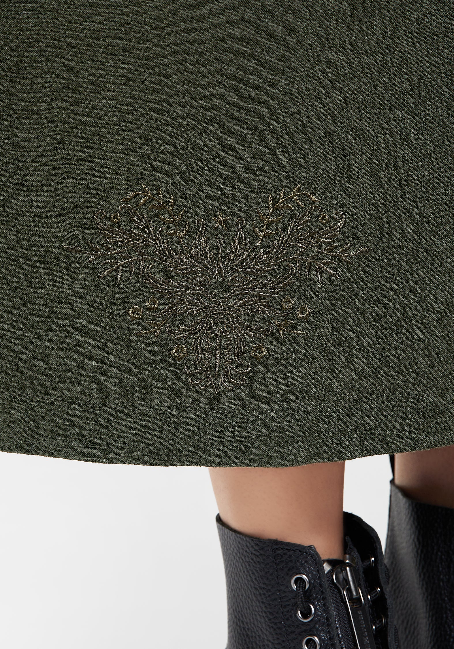 Embroidered Linen-Blend Button Up Skirt | Green Midaxi with Elastic Waist