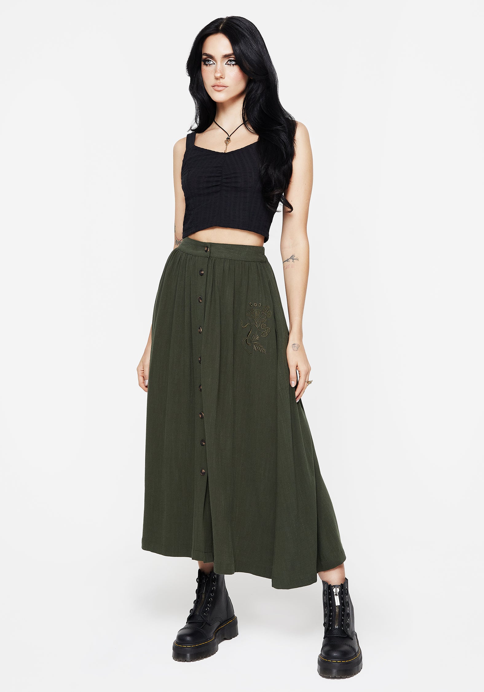 Embroidered Linen-Blend Button Up Skirt | Green Midaxi with Elastic Waist