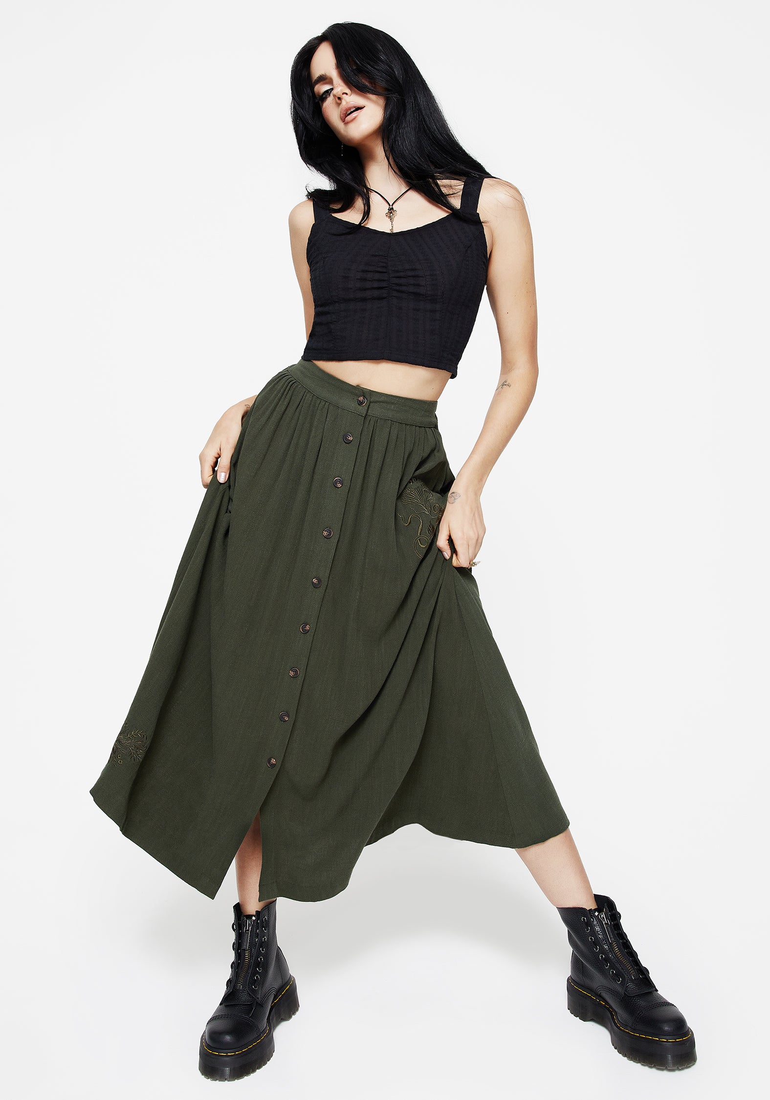 Embroidered Linen-Blend Button Up Skirt | Green Midaxi with Elastic Waist