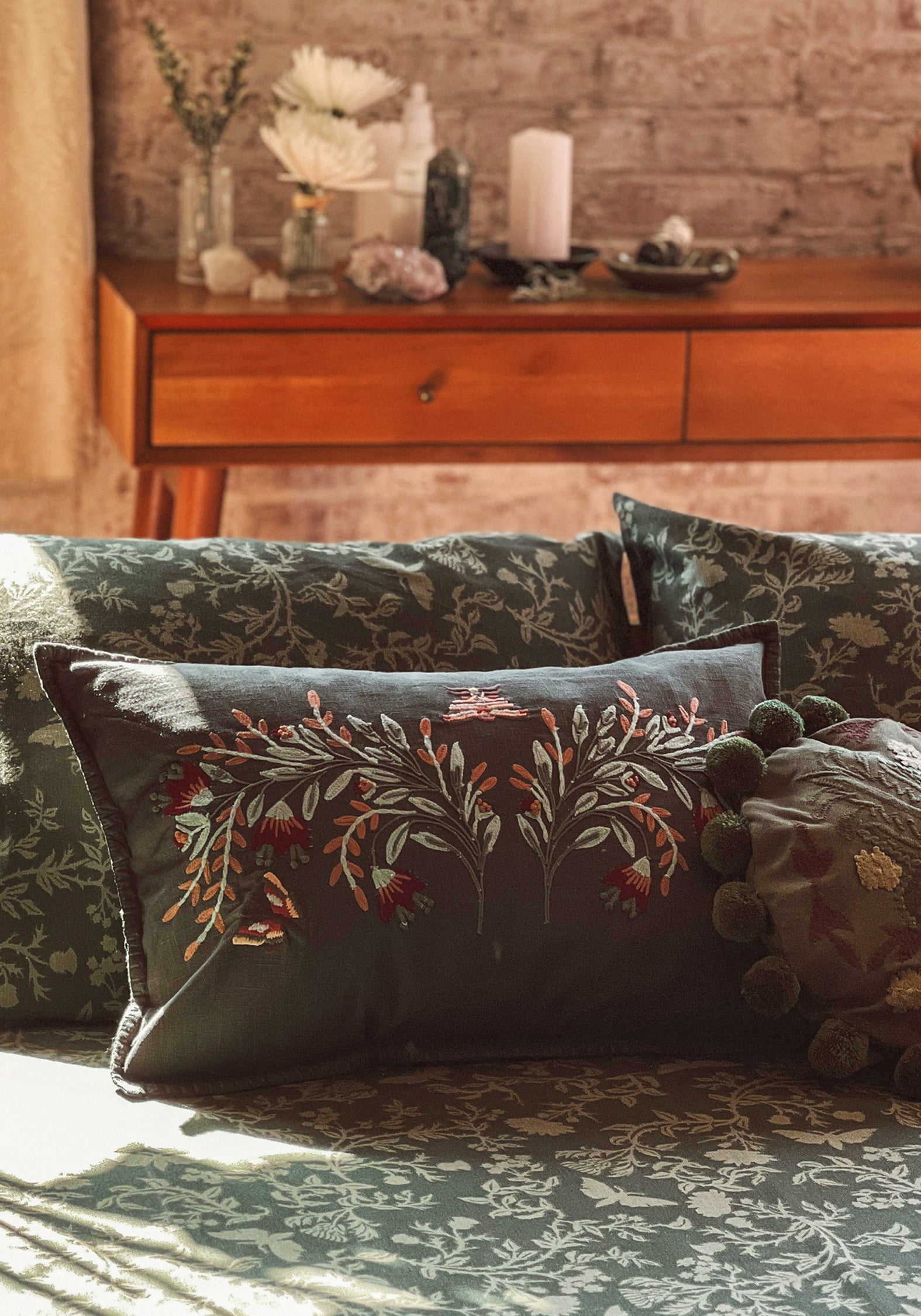 Floral Embroidered Throw Pillow | 100% Cotton Cover | Copia