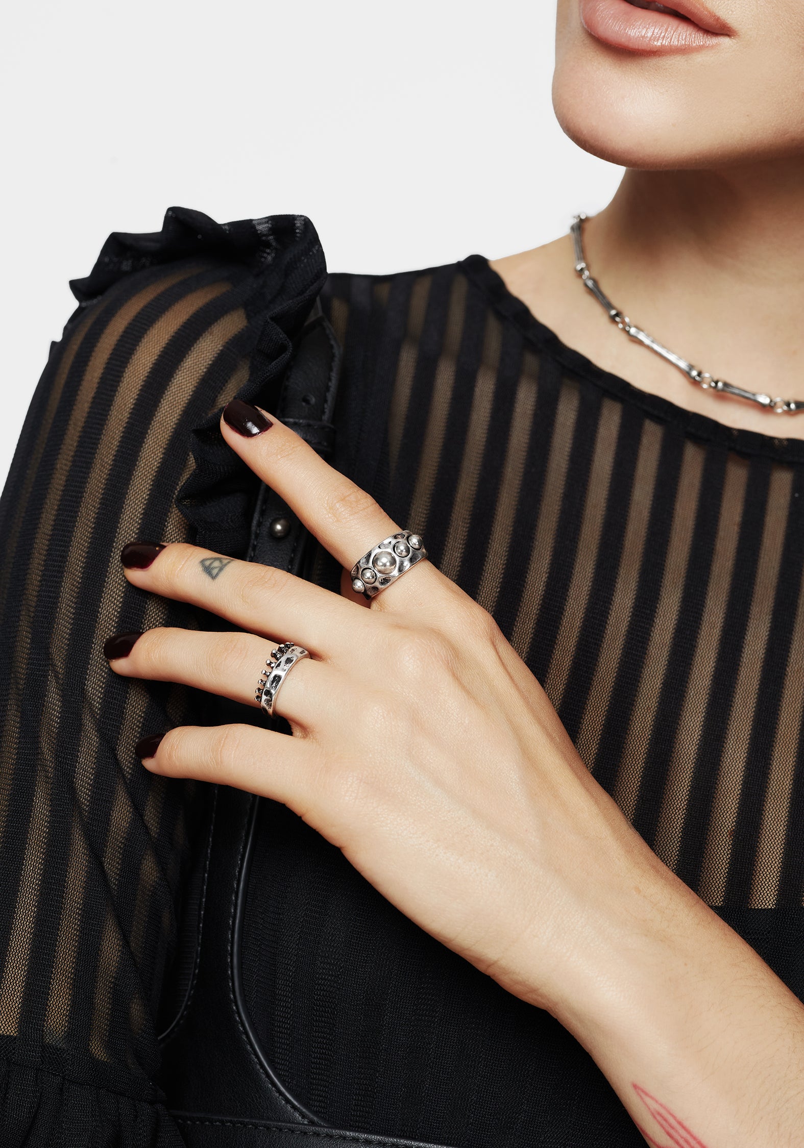 Chunky Silver Ring Set with Spike & Bead Details | Cadence