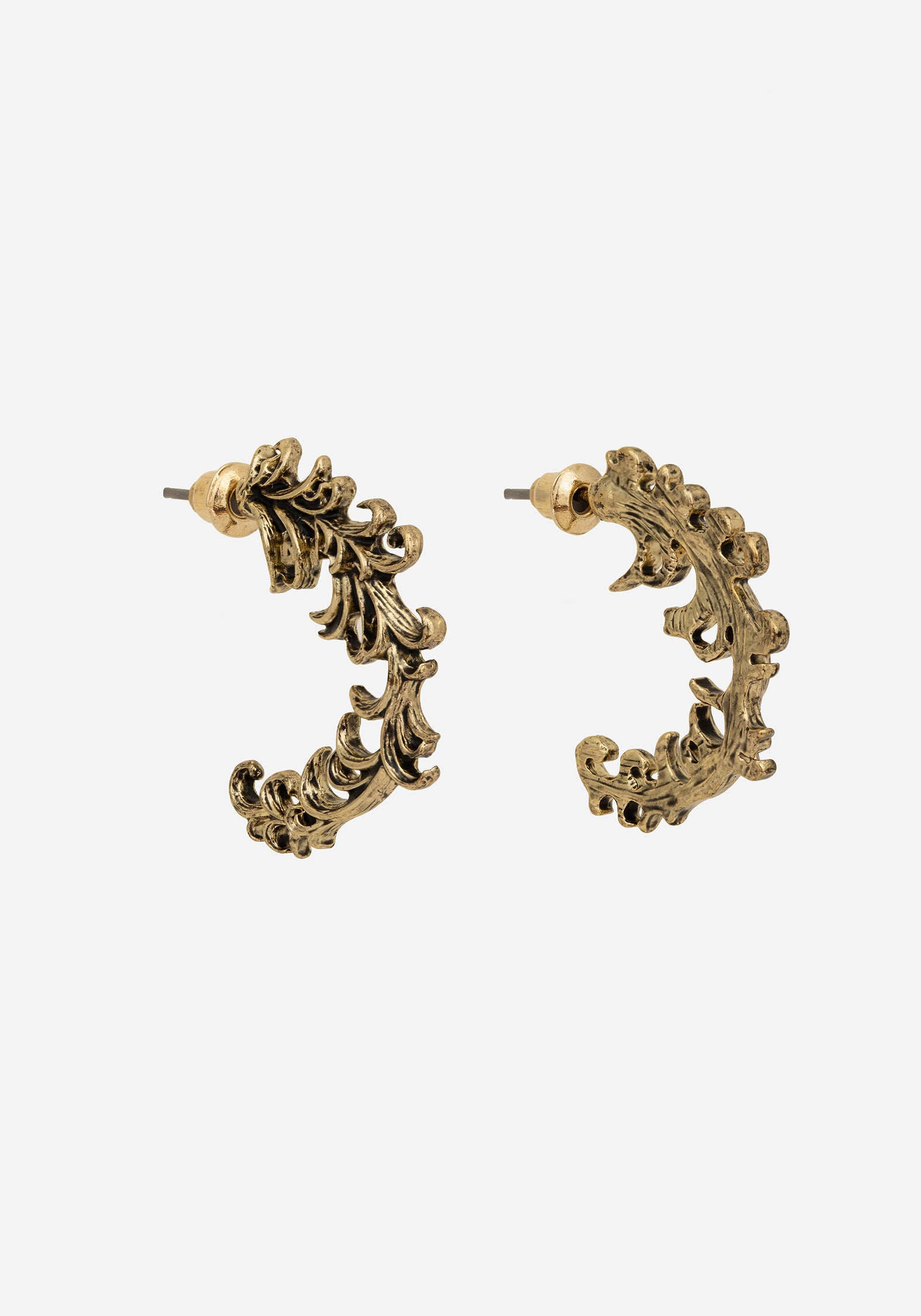 Gold Hoop Earrings with Foliage Design | Recycled Metal Stud Closure
