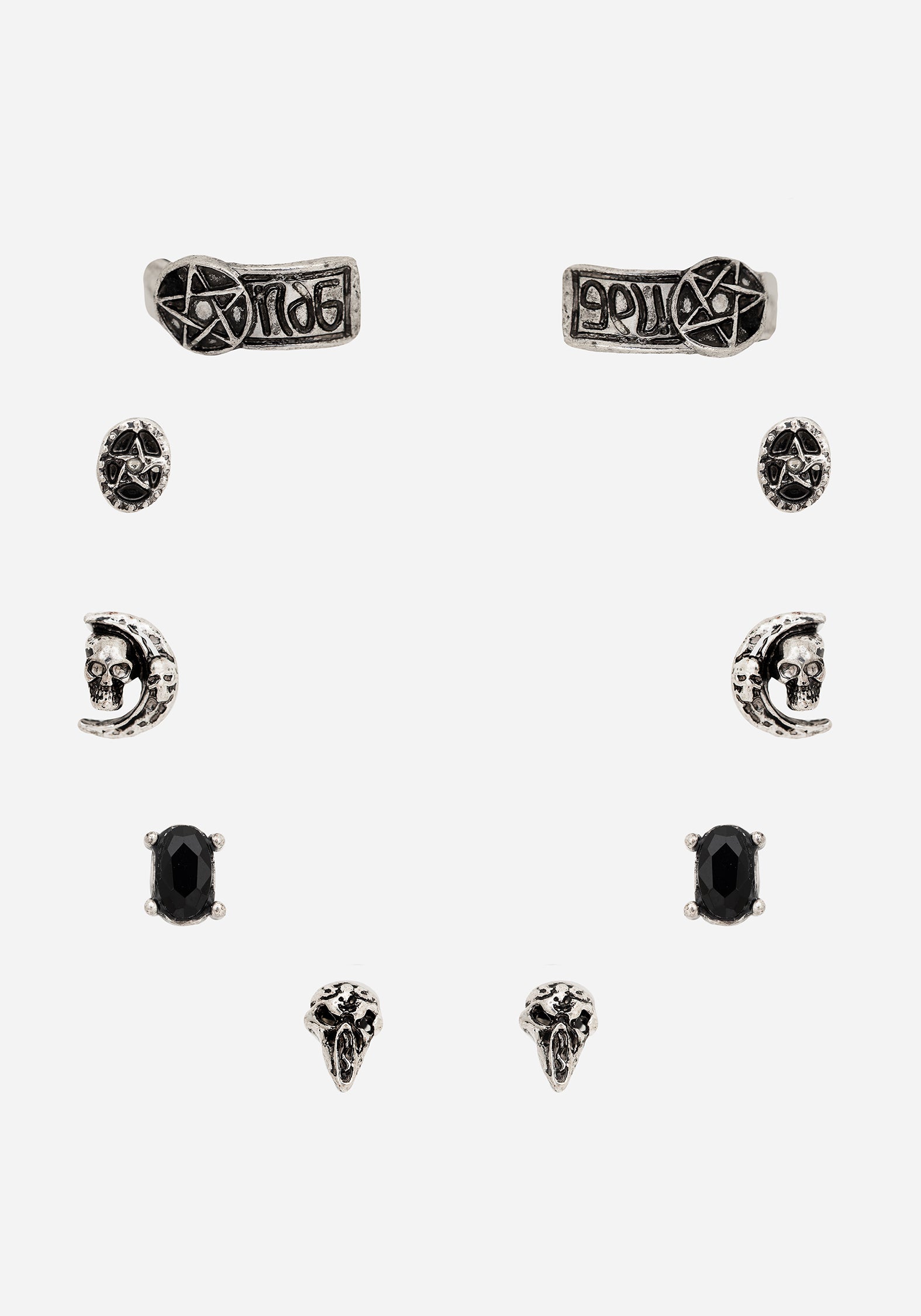 Silver Skull Stud Earrings Set with Hoops & Ear Cuff | Moira