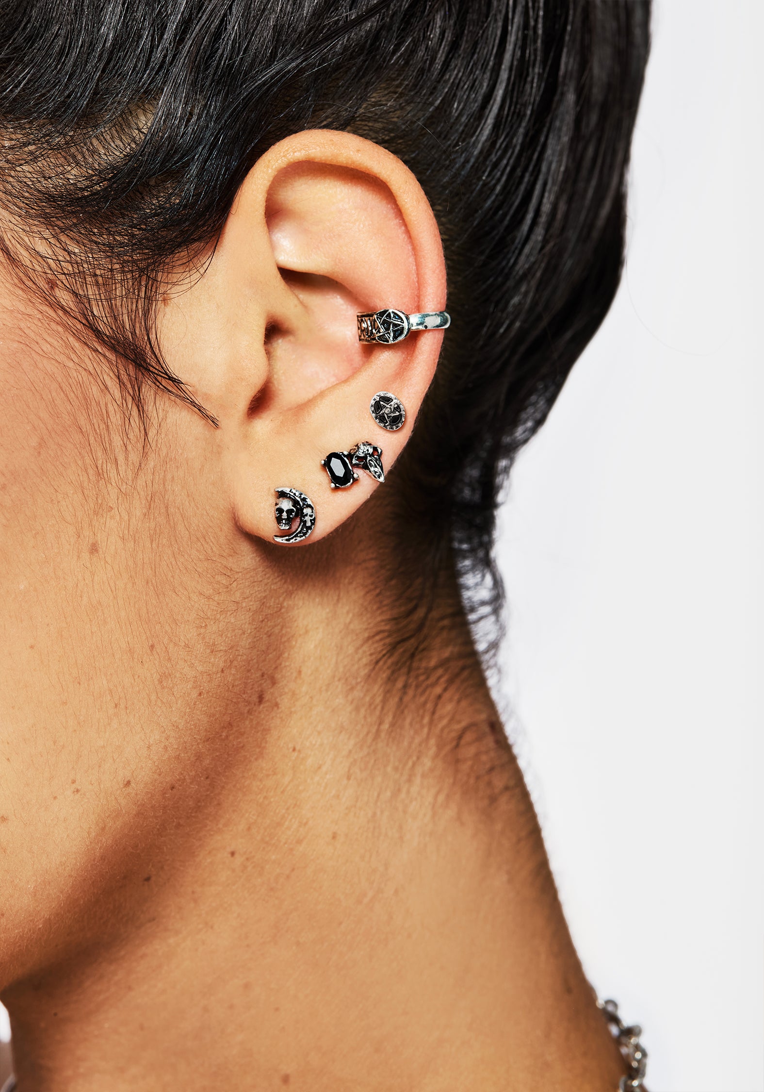 Silver Skull Stud Earrings Set with Hoops & Ear Cuff | Moira