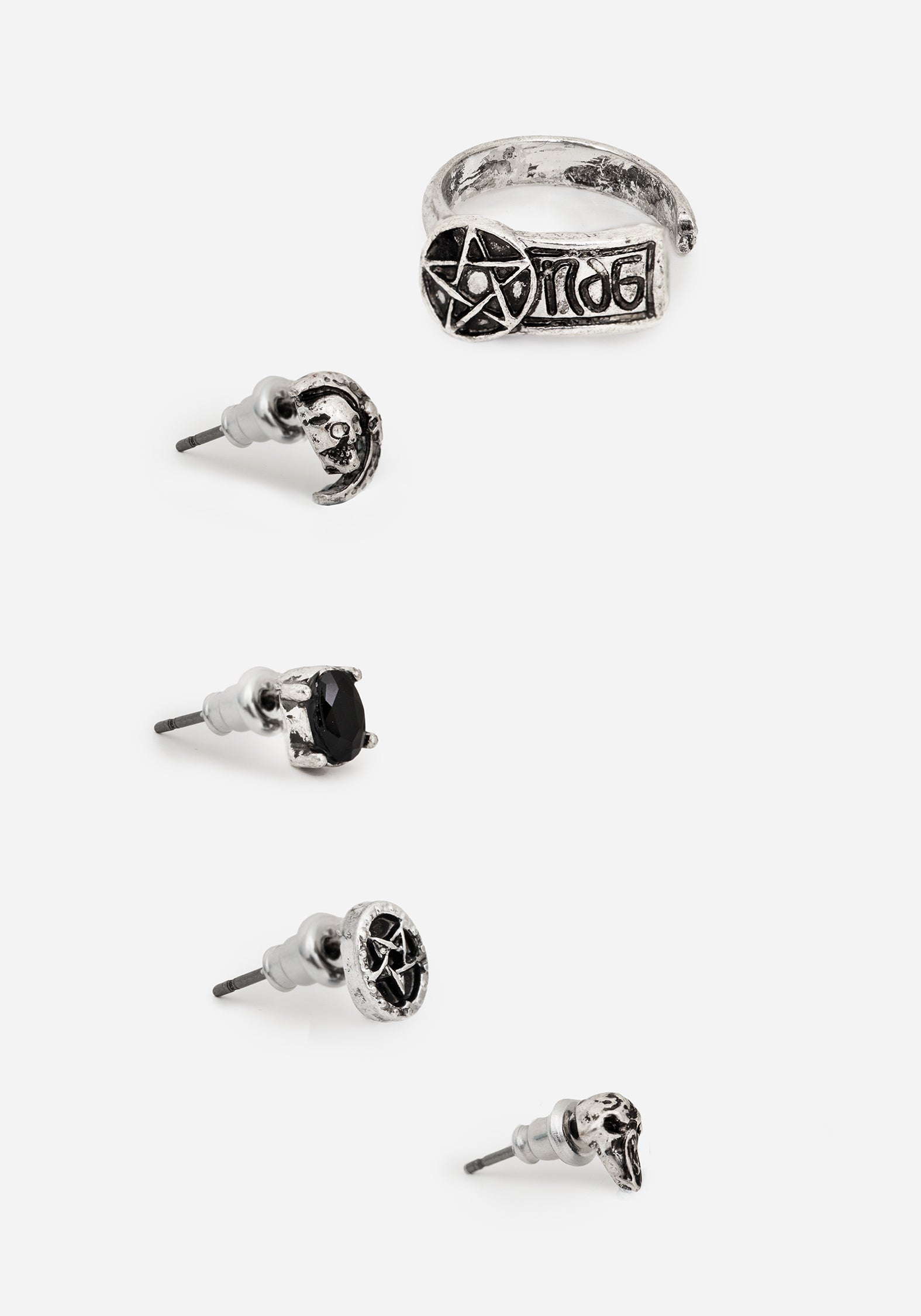 Silver Skull Stud Earrings Set with Hoops & Ear Cuff | Moira
