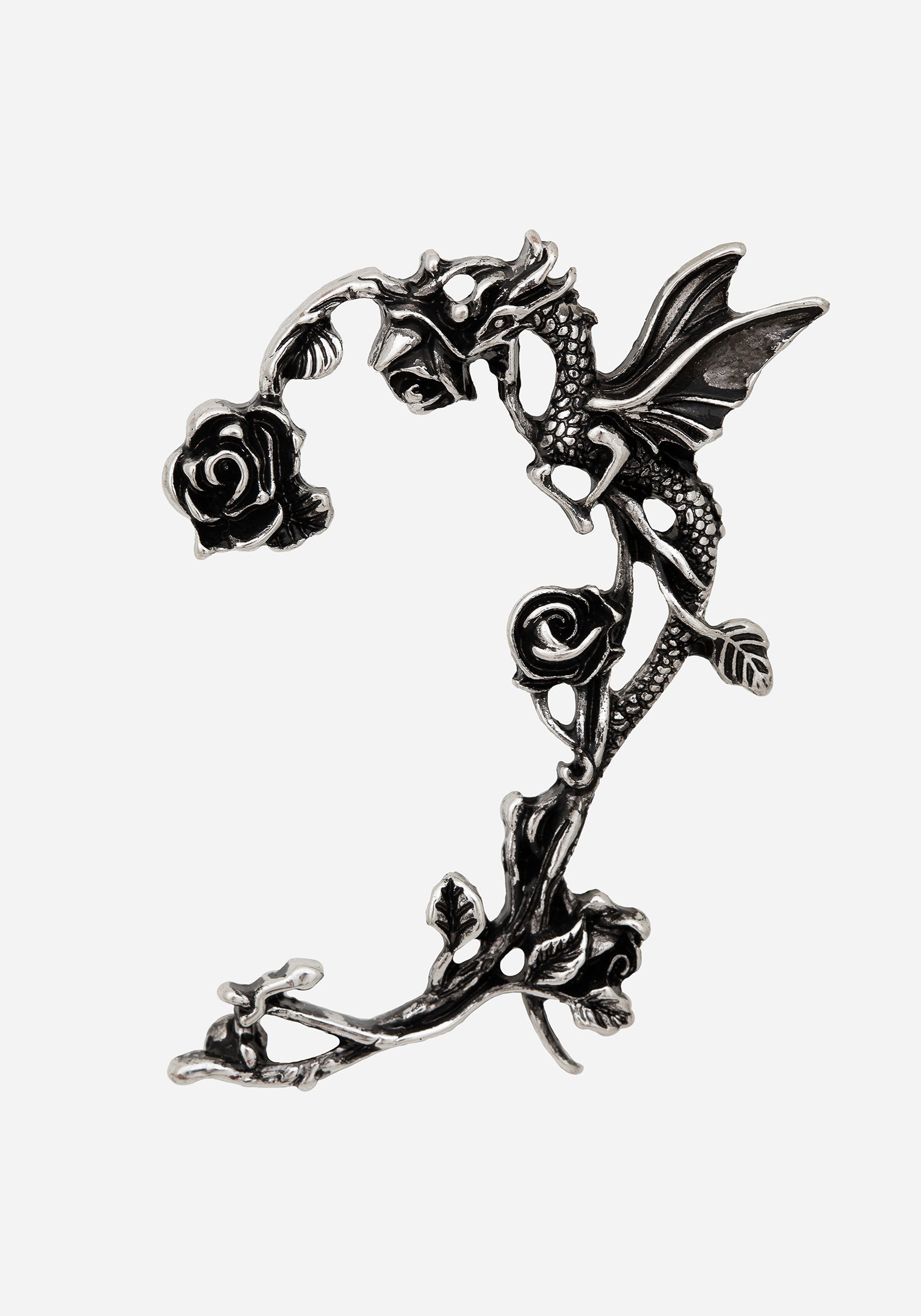 Silver Dragon Ear Cuff with Rose & Vine Details | Recycled Metal Jewelry