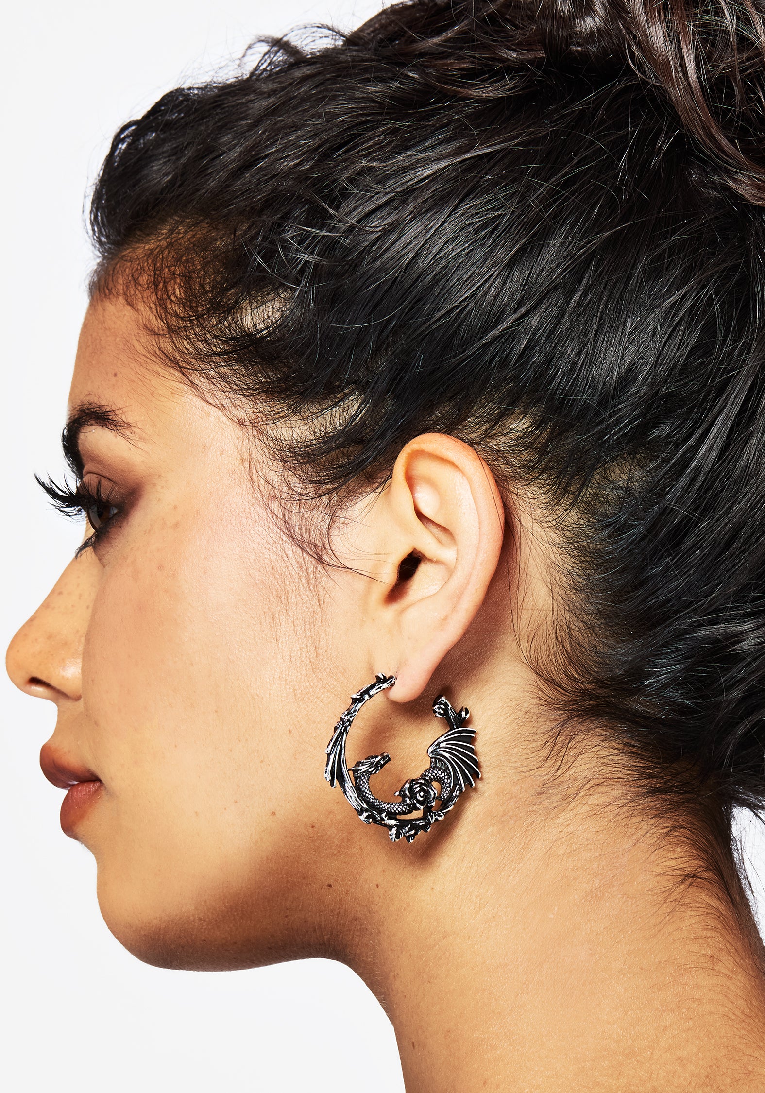 Silver Dragon Hoop Earrings with Rose Charms | Recycled Metal