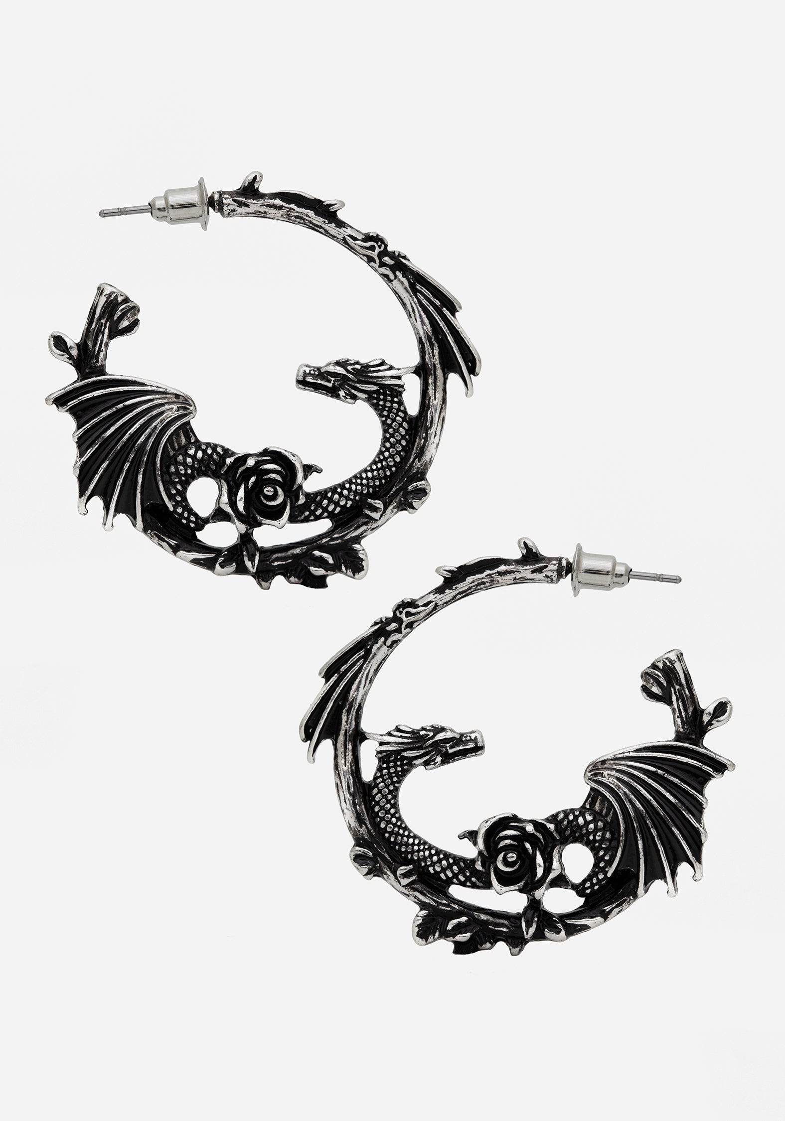 Silver Dragon Hoop Earrings with Rose Charms | Recycled Metal