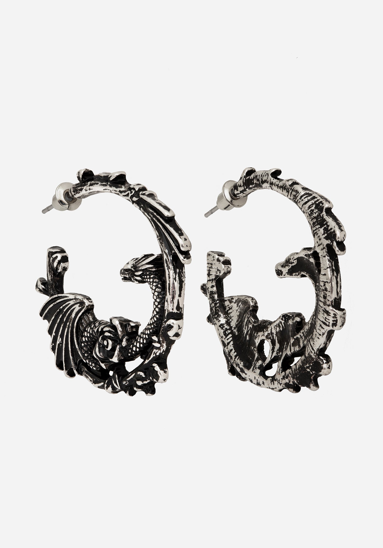 Silver Dragon Hoop Earrings with Rose Charms | Recycled Metal