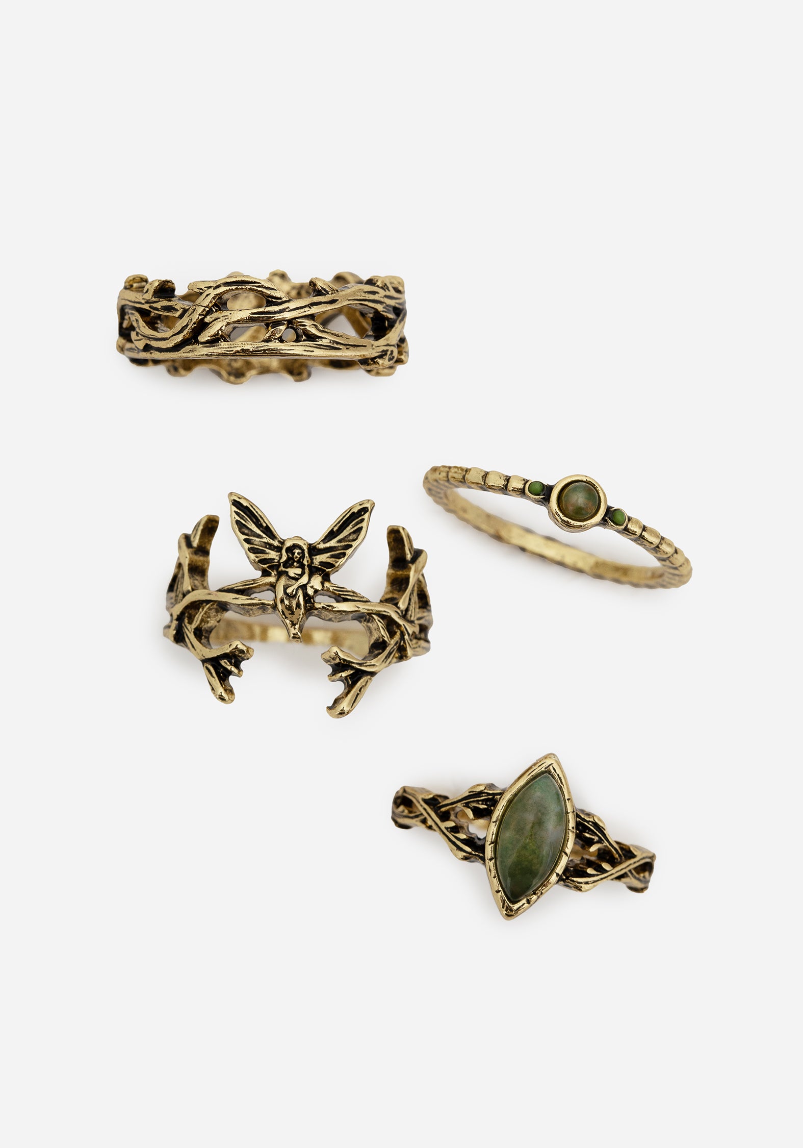 Gold Fairy Ring Set with Cabochon Stones & Leaf Design | Maypole