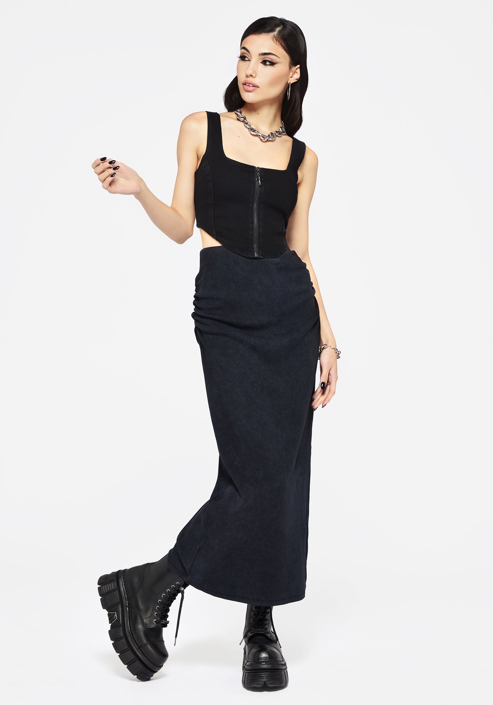 Washed Grey Cotton Maxi Skirt with Side Split & Ruching | Christina