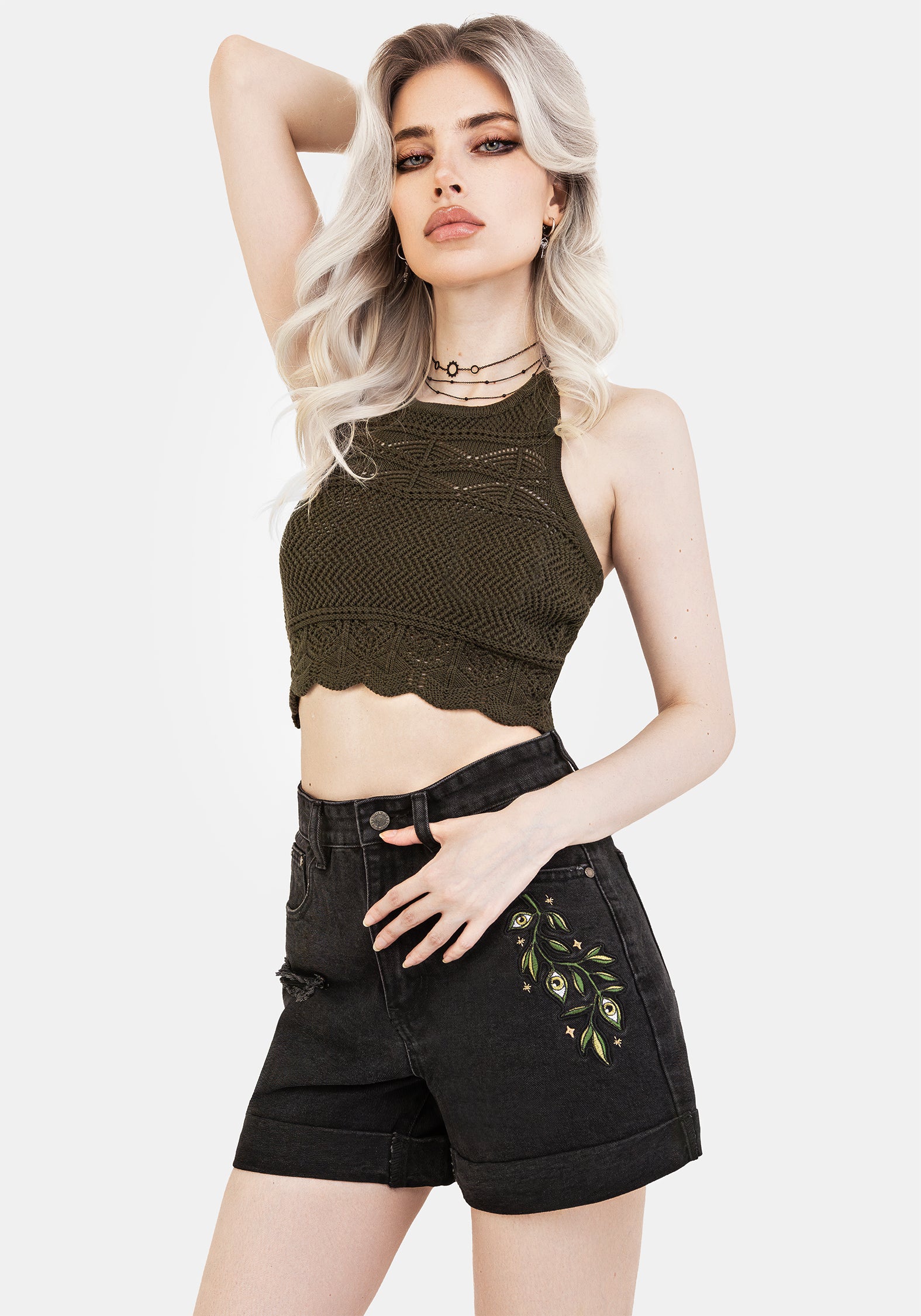 Black Embroidered Denim Shorts with Floral & Mushroom Design | Swamplife