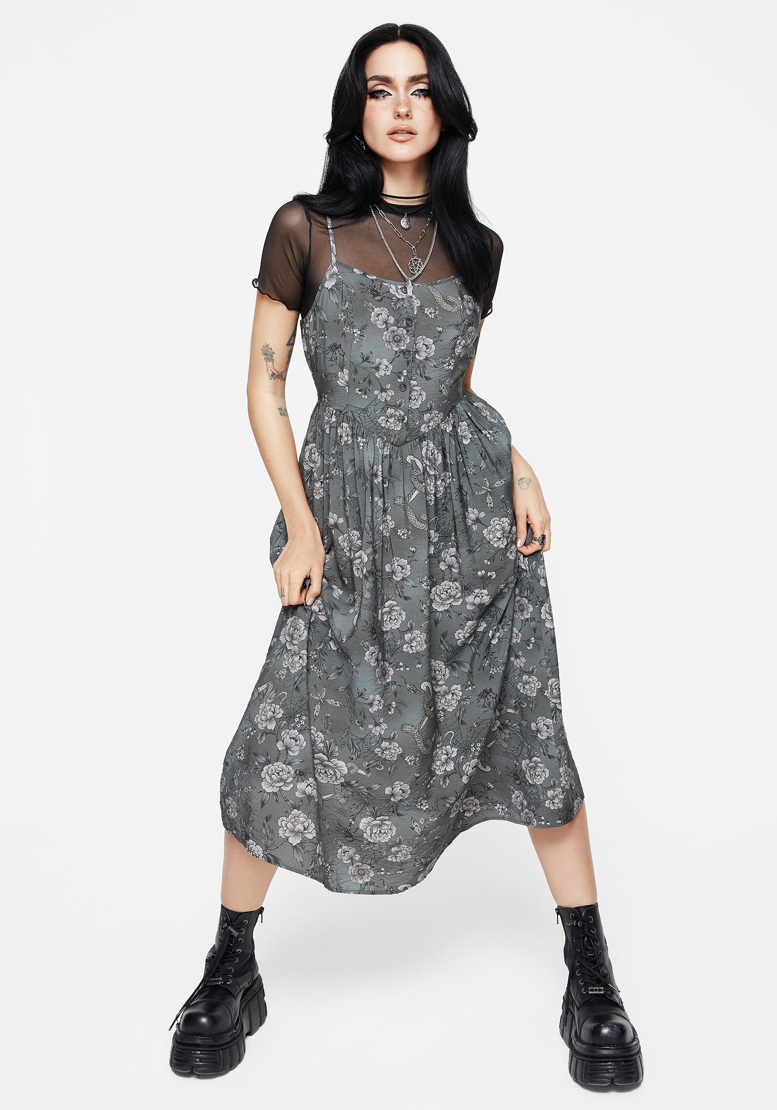 Floral & Snake Print Cami Midi Dress with Pockets | Meadow
