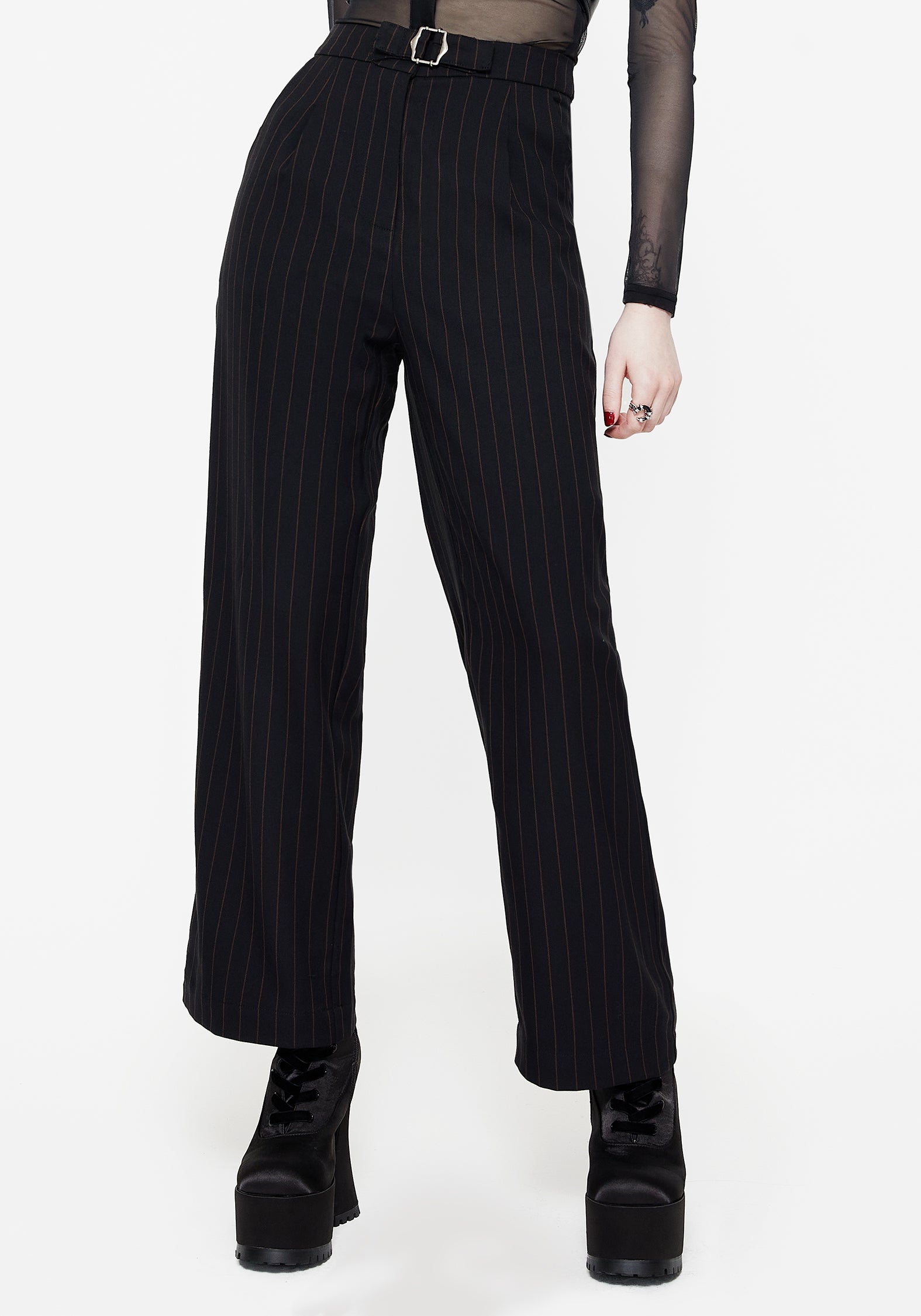 Black Wide Leg Trousers with Self-Tie Belt & Side Pockets | Enyo