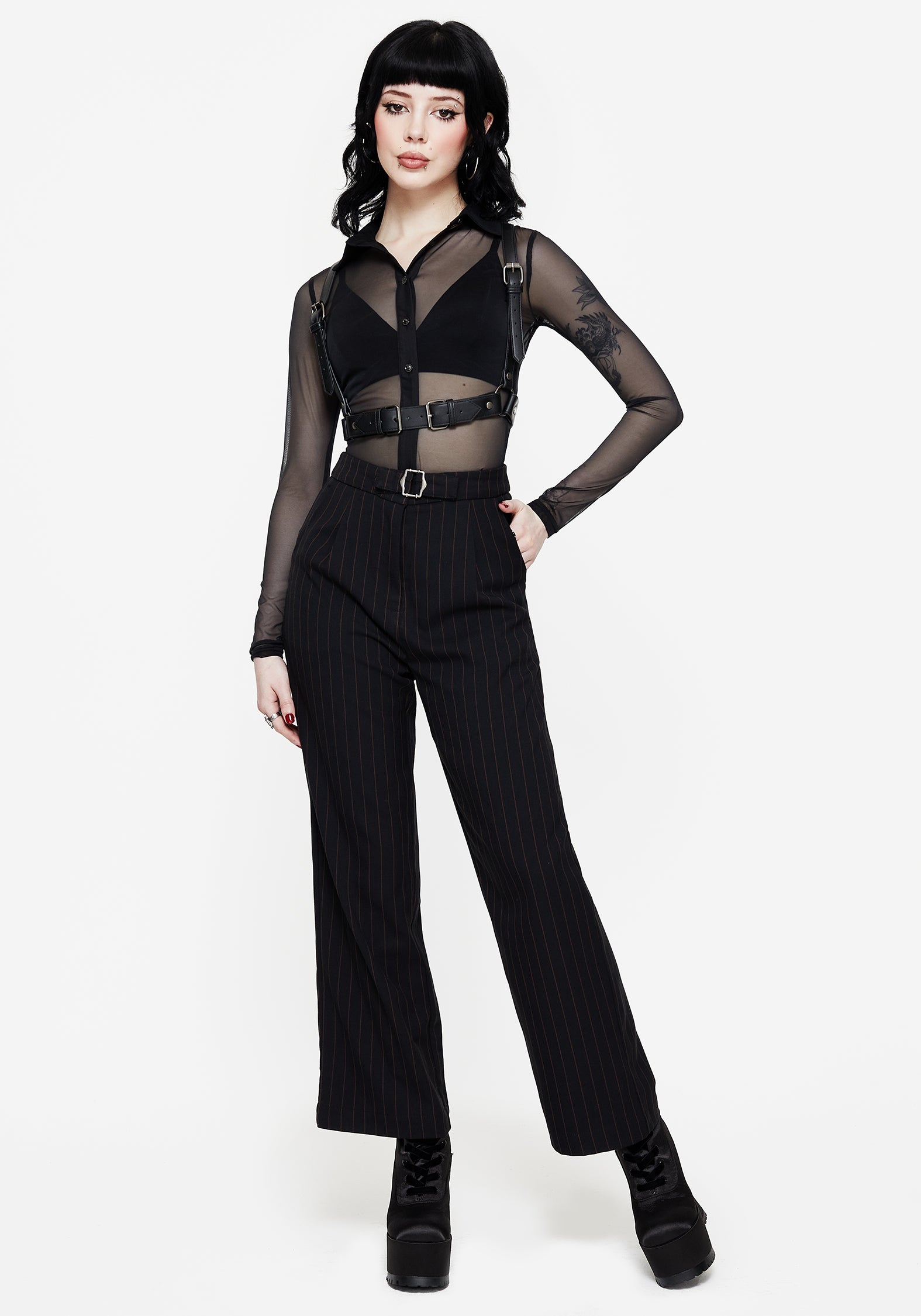 Black Wide Leg Trousers with Self-Tie Belt & Side Pockets | Enyo