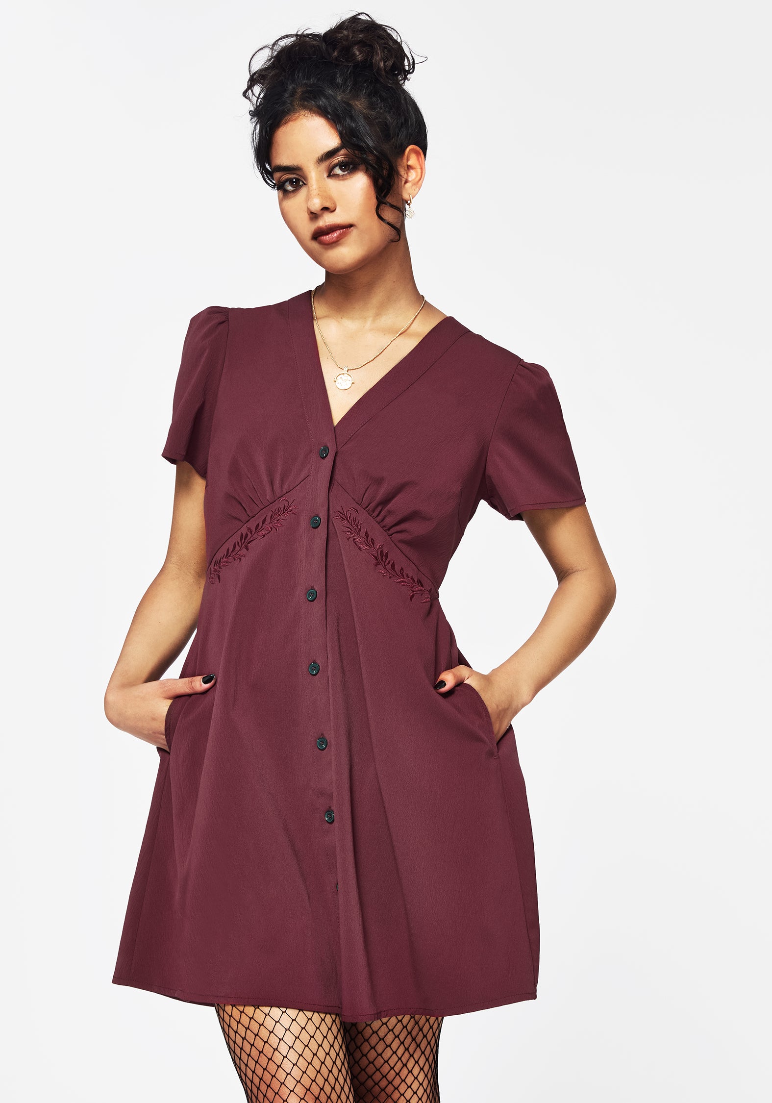 Red Embroidered Mini Dress with V-Neck & Side Pockets | Essence