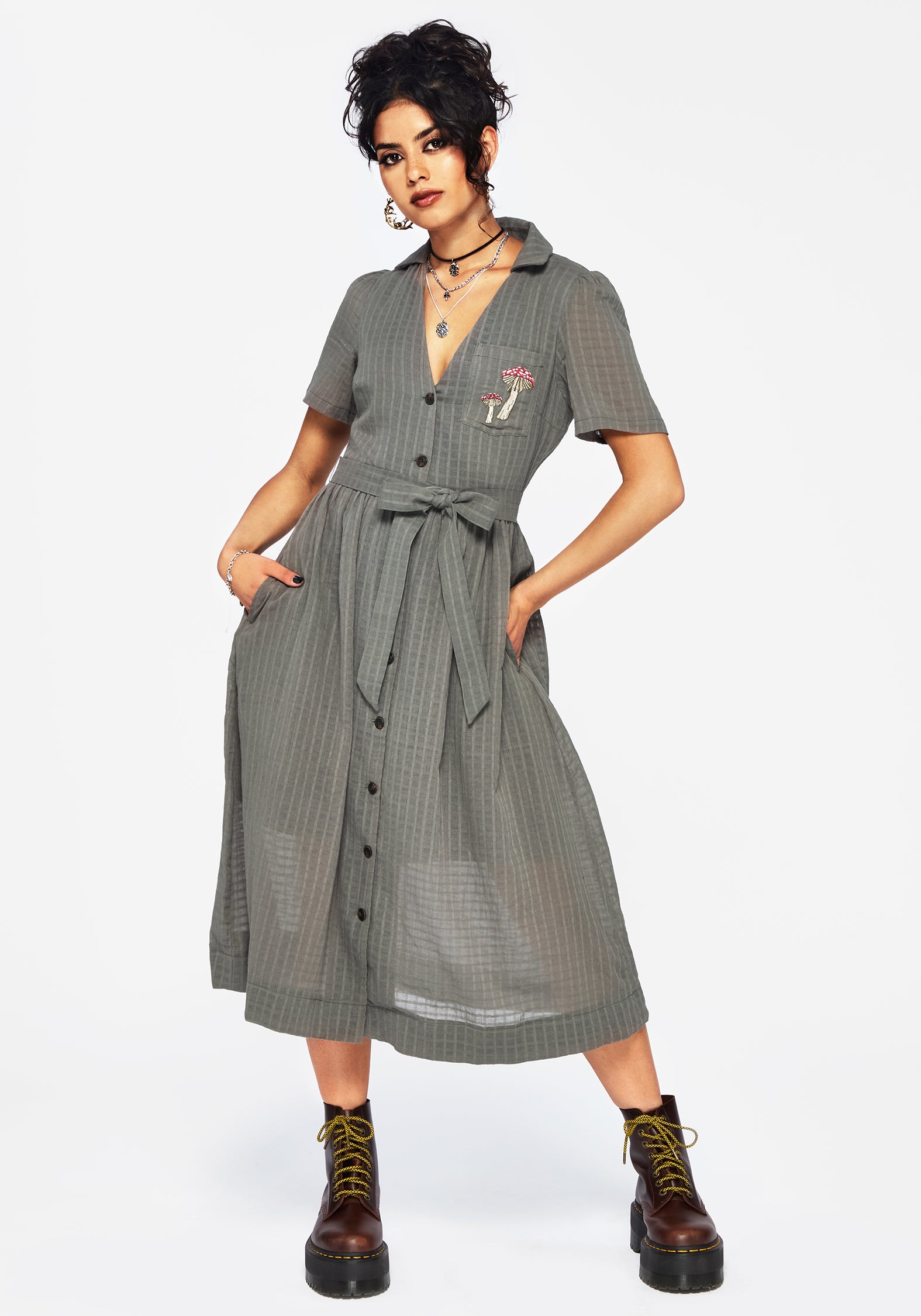 Green Cotton Embroidered Midi Shirt Dress with Pockets | Koax