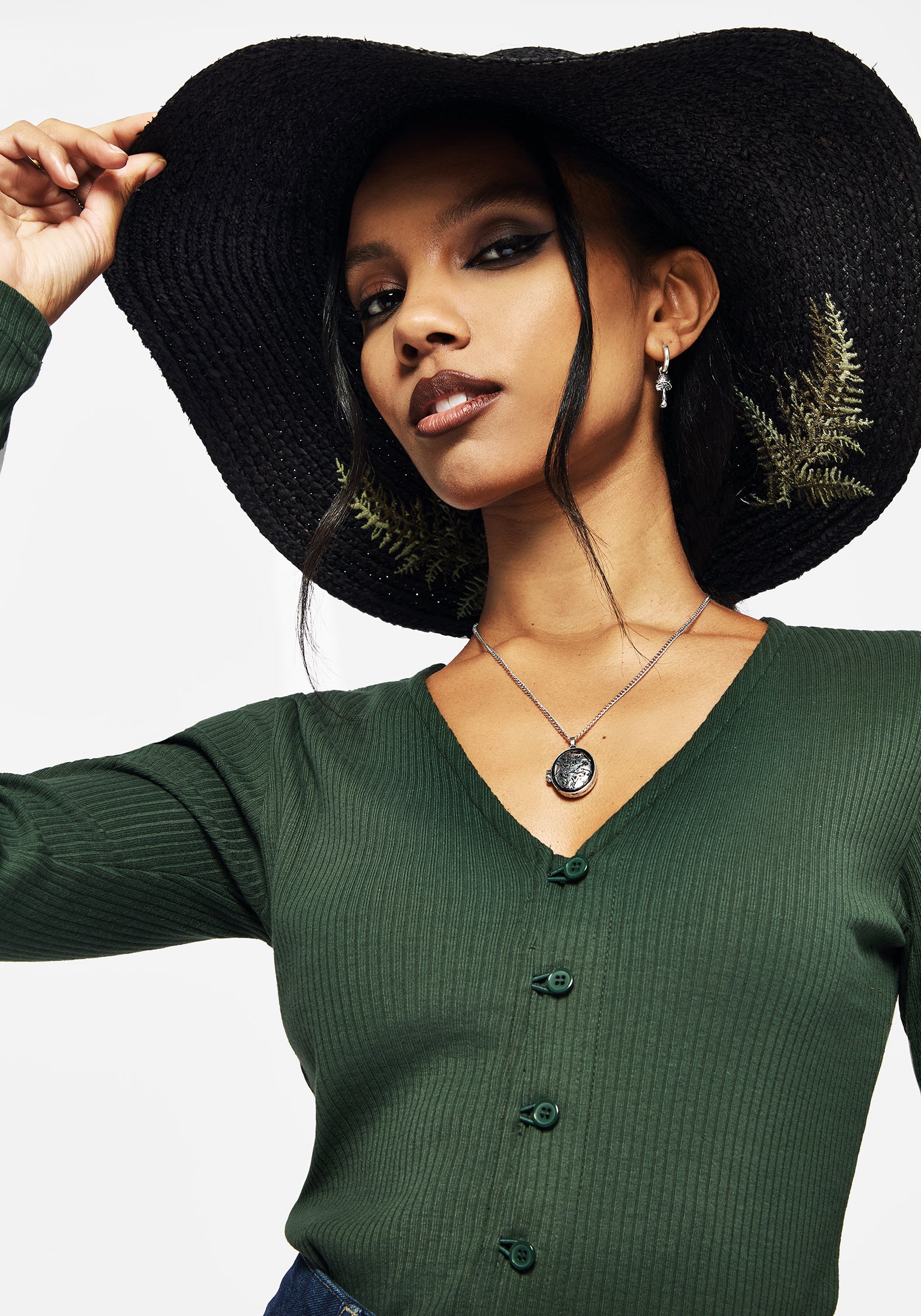 Black Woven Sun Hat with Green Fern Embroidery | 100% Rafia