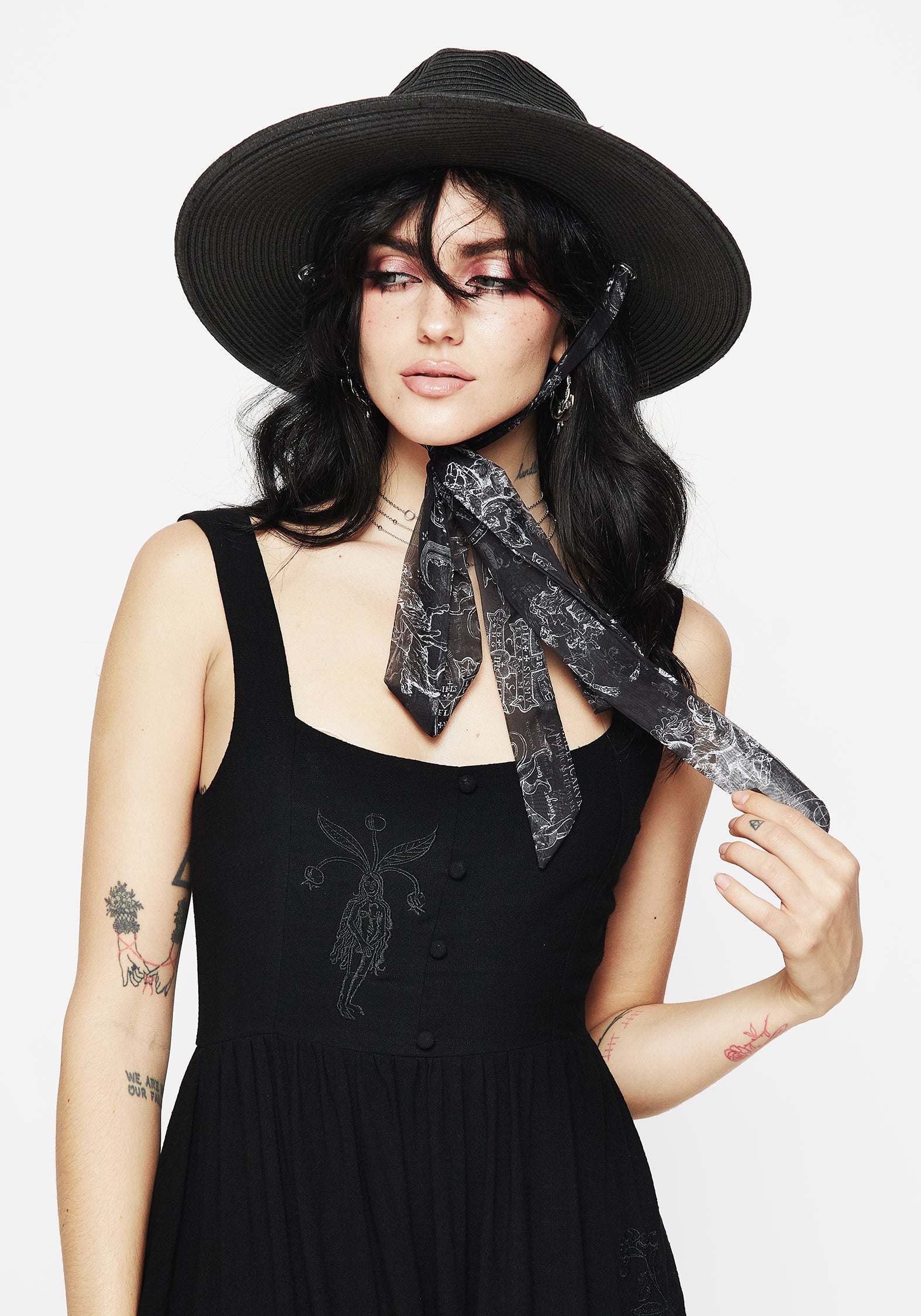 Witchcraft Print Sun Hat with Chiffon Scarf & Wide Brim | Maleficarum
