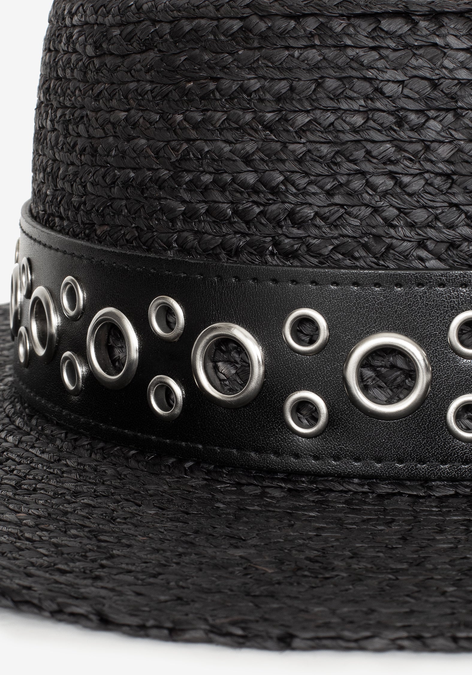 Belted Raffia Sun Hat with Eyelet Detail | Black Woven Wide Brim