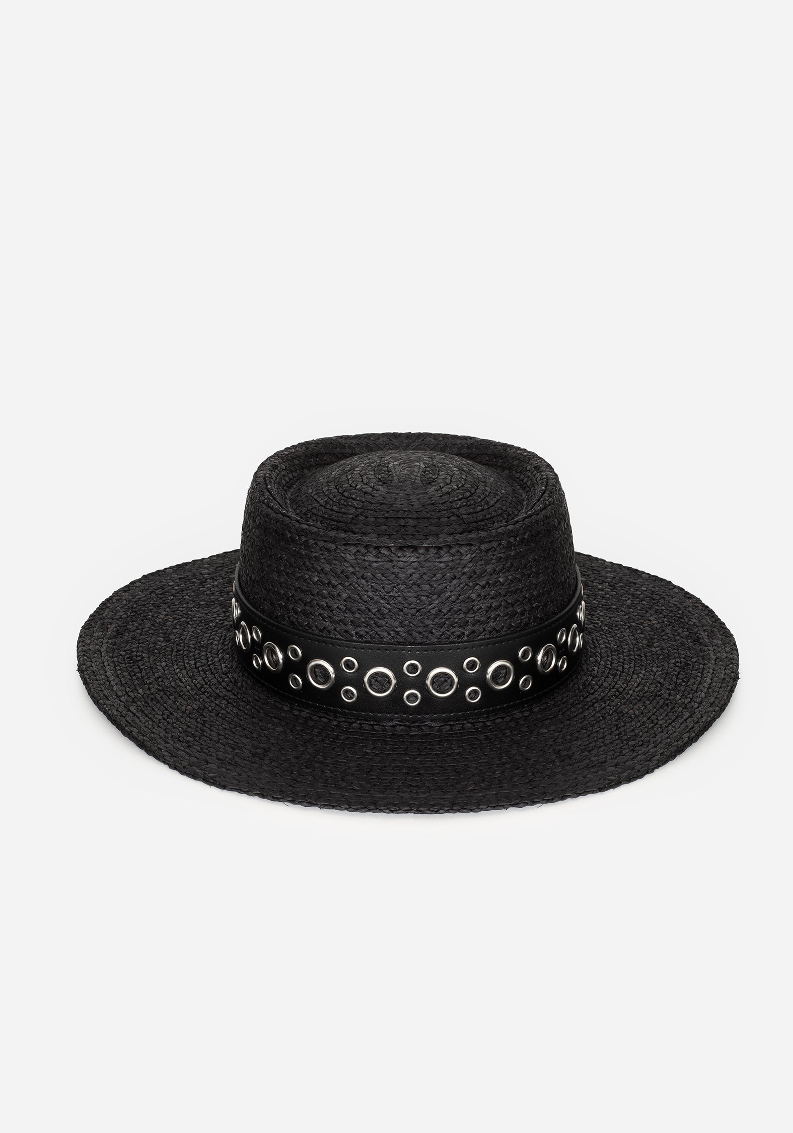 Belted Raffia Sun Hat with Eyelet Detail | Black Woven Wide Brim