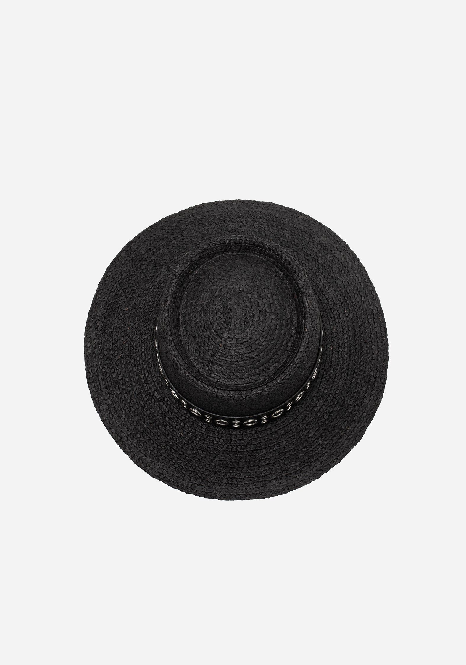 Belted Raffia Sun Hat with Eyelet Detail | Black Woven Wide Brim